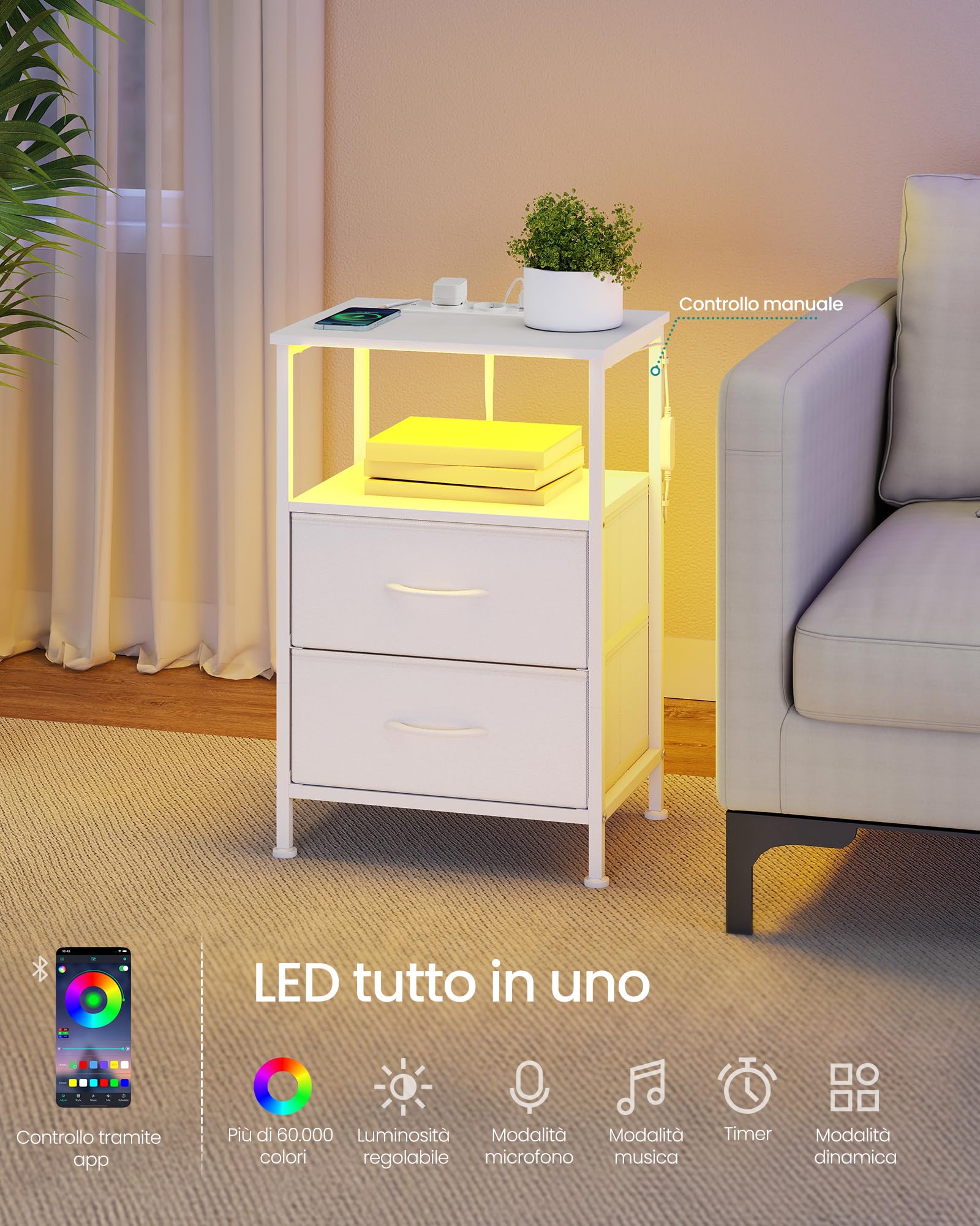 SONGMICS BELLAH Collezione - Comodino con Stazione di Ricarica, Tavolino con LED Regolabile Controllato da APP, 1 Ripiano Aperto e 2 Cassetti, Camera da Letto, Bianco Nuvola e Bianco Neve LGS302WH03