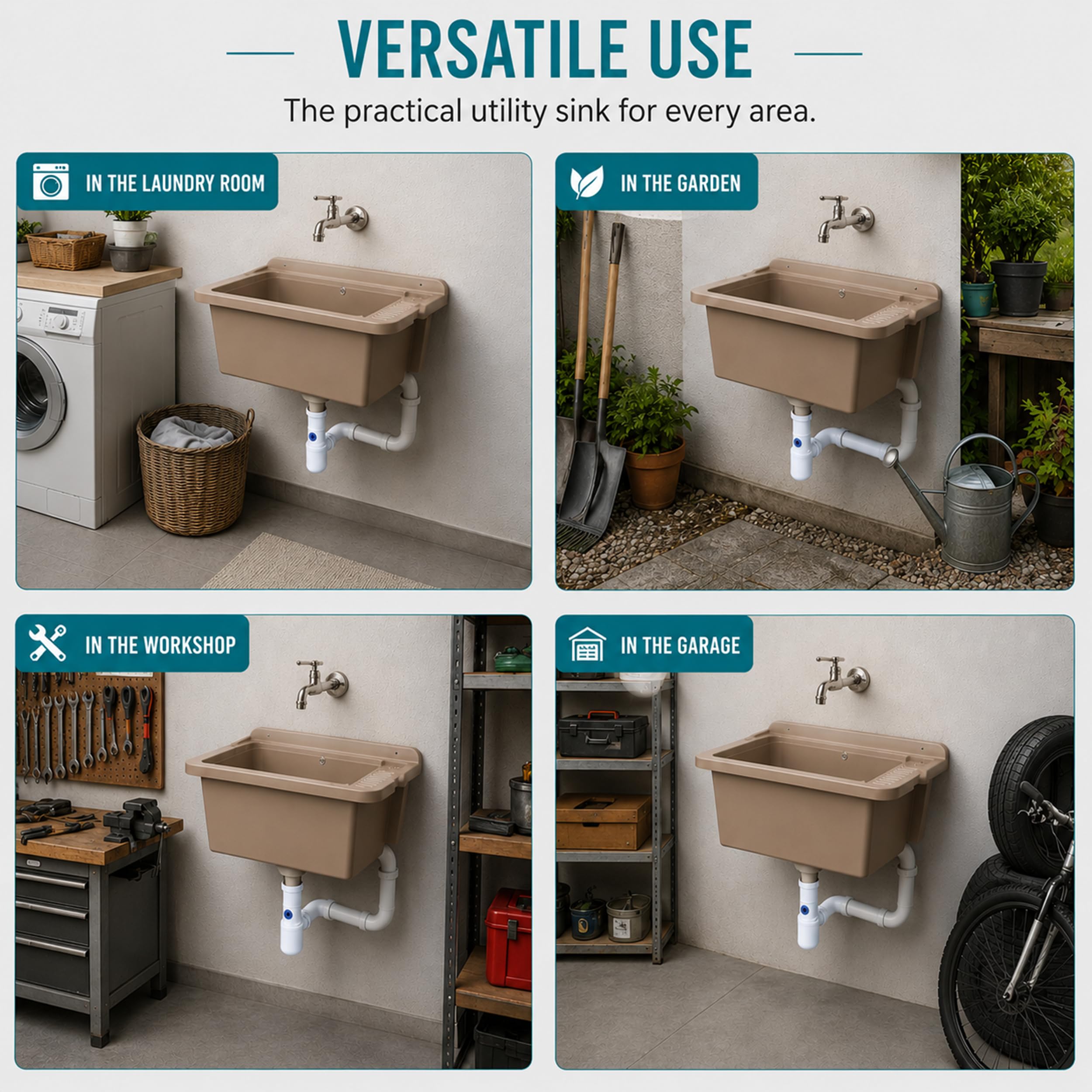 Cuenca de desagüe Fregadero Lavabo Lavadora Exterior para Jardín, Garaje, Bodega, Cocina, Taller Gran Cuenca (Beige)