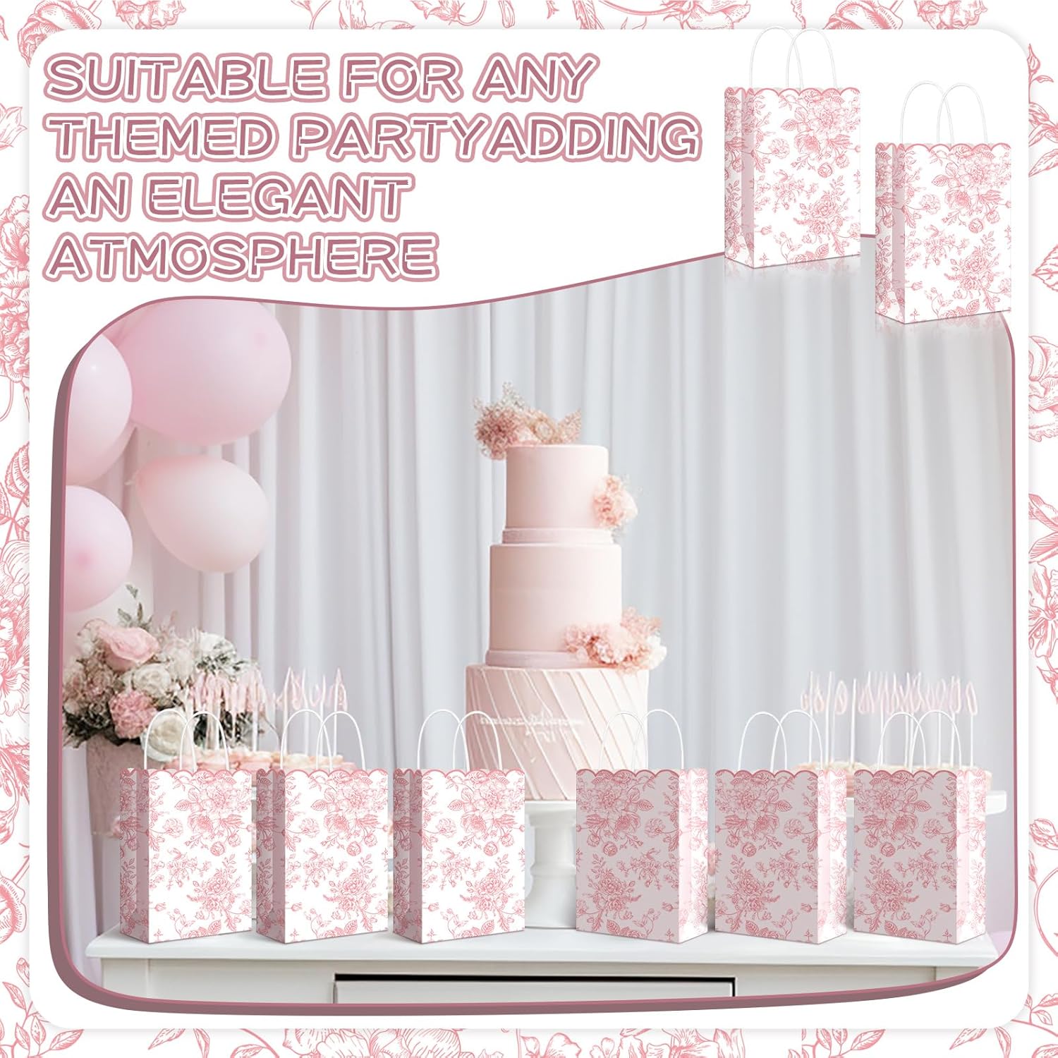 Kolldenn 24 Pcs Pink Floral Gift Bags with Handles Wildflower Party Favor Candy Treat Goodie Bags Scalloped for Birthday Decoration for Bridal Baby Shower Party Supplies - Image 3