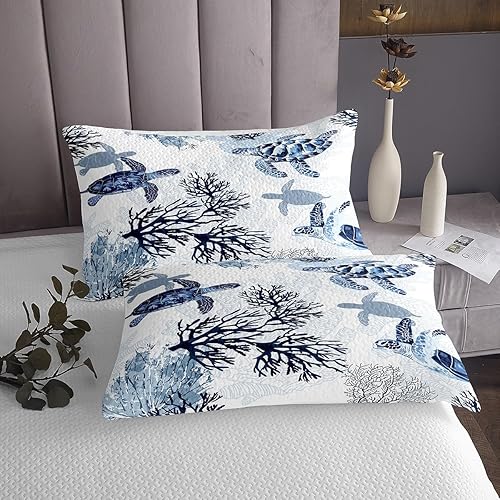 Miniatura 4 de Erosebridal Juego de ropa de cama de tortuga, tamaño individual, color blanco y azul, juego de colcha de tortuga hawaiana para niños, colchas de