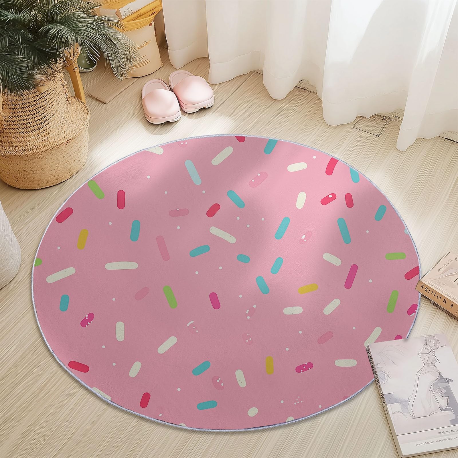 Pétillant Tapis de Sol Rond Motif Mignon Style Paillettes et Étoiles, Coloré, 140 cm, Idéal pour Déco Joyeuse de Chambre de Fille ou Bébé, Moquette Antidérapante en Flanelle Douce