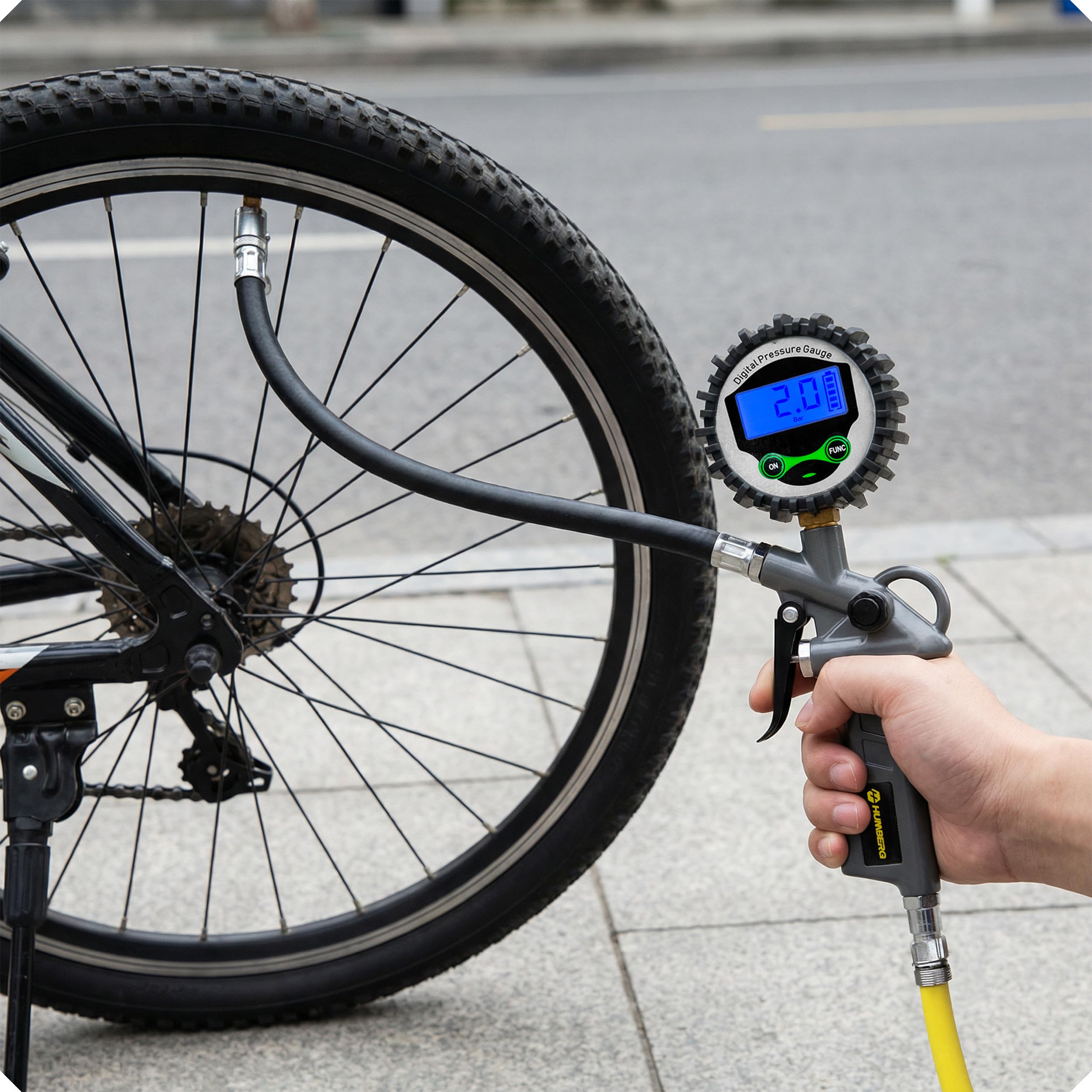 Humberg Inflador digital de neumáticos con manómetro – manómetro de presión de neumáticos de 15 bares con pantalla LCD – Medidor de presión de aire para coche, moto y bicicleta – Manguera de 34 cm