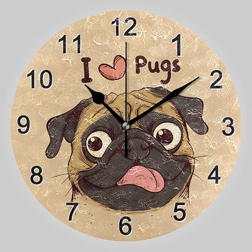 Lindo reloj de círculo redondo de carlino divertido, reloj de pared decorativo con pilas, relojes de pared modernos decorativos