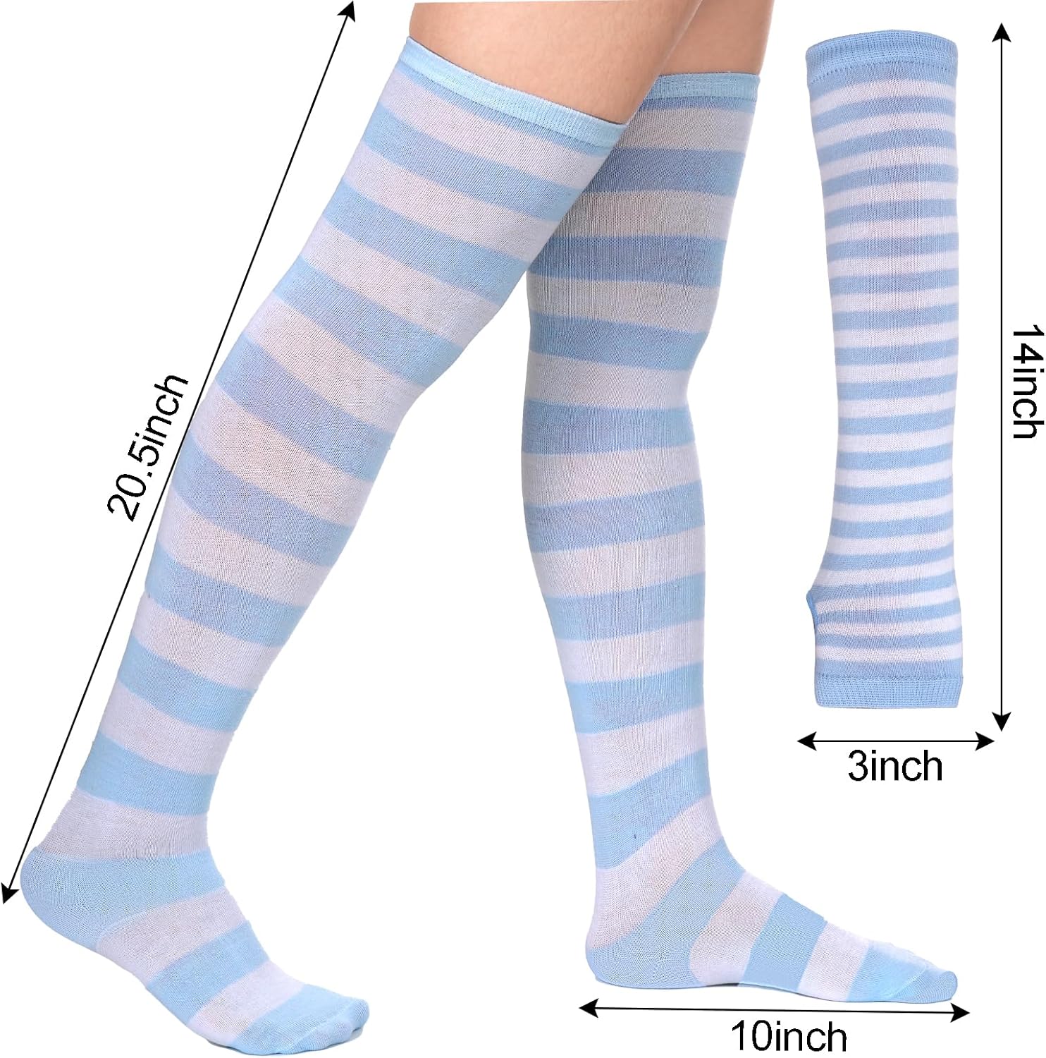 Tongcloud Women's Striped Knee High Socks, Over Knee Thigh High Socks, Arm Warmer and Fingerless Gloves Set (US, Alpha, One Size, Regular, Regular, Light Blue and White) - Image 2