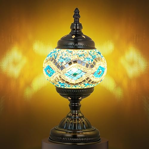 Miniatura 12 de Marrakech Lámpara de mesa turca de mosaico marroquí, pequeña luz turca hecha a mano con fragmento de vidrio y base de bronce, incluye bombilla LED
