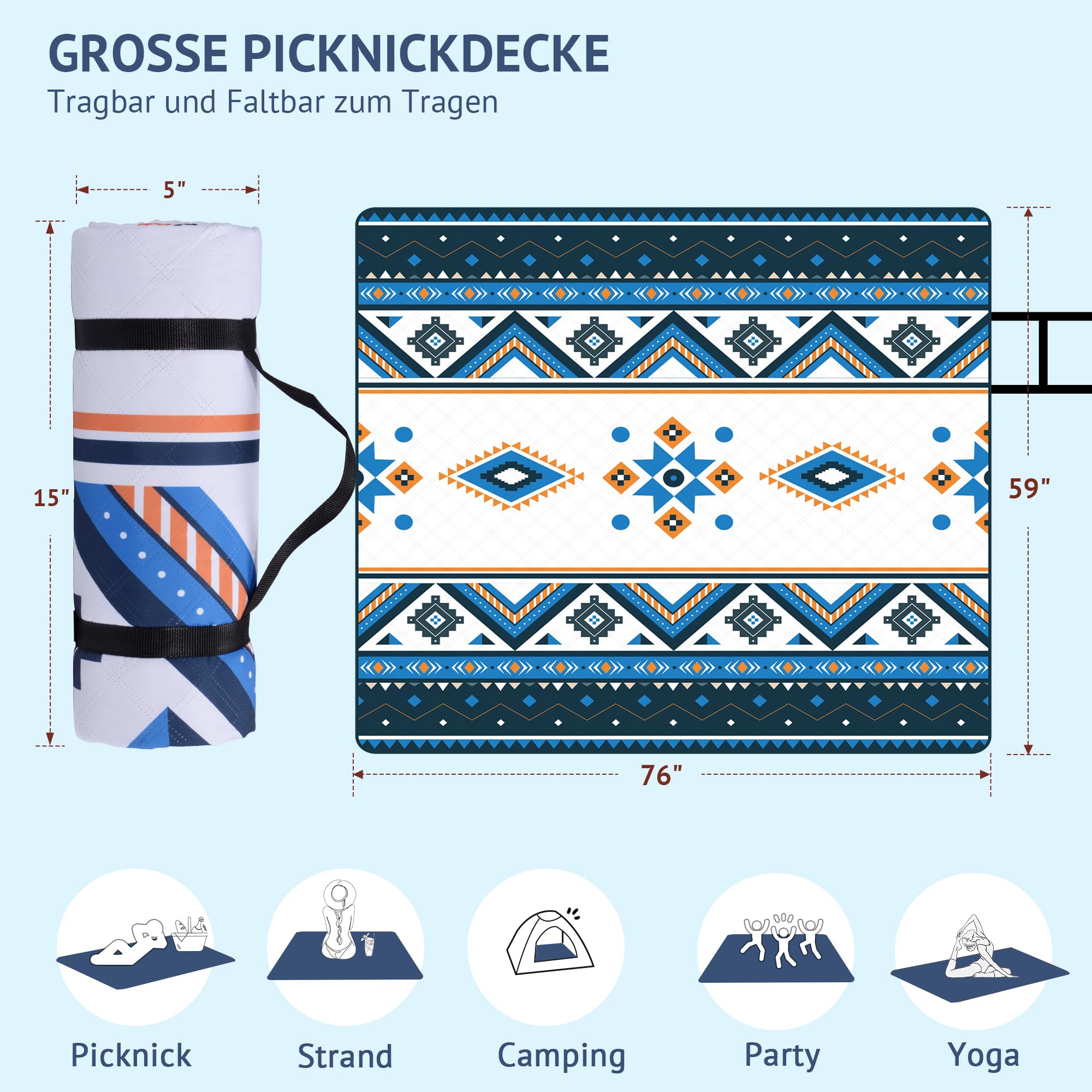 LARUTAN Blu Coperta Picnic Impermeabile, 195 x 150 cm Portatile Telo Picnic Antisabbia, Ultraleggero Stuoia Spiaggia per Spiaggia, Campeggio, Escursioni Coperta Picnic