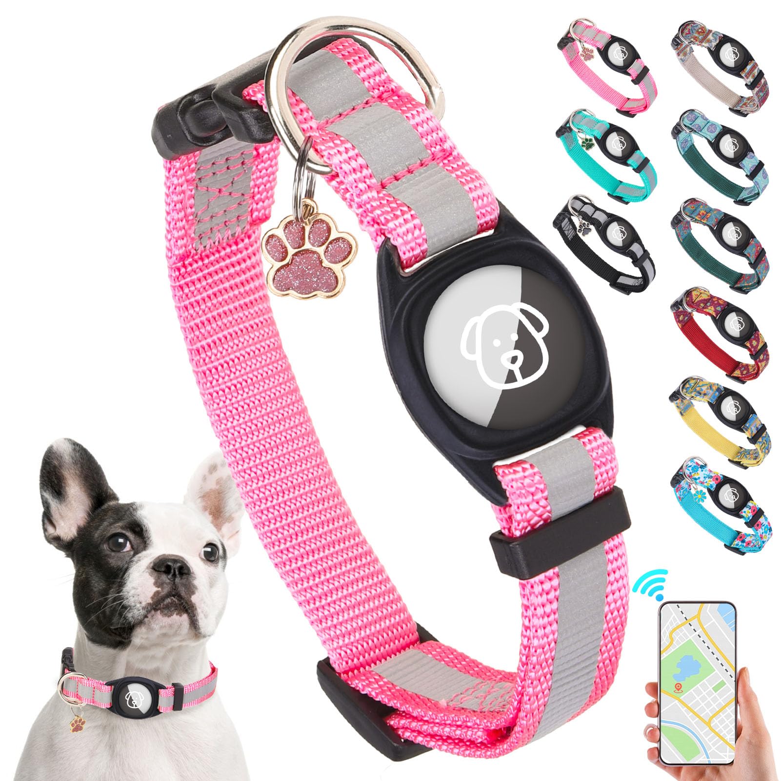 SCENEREAL Collier pour chien avec support Airtag pour chiens de petite, moyenne et grande taille, réfléchissant, boucle de verrouillage de sécurité, collier réglable en nylon souple pour toutes les