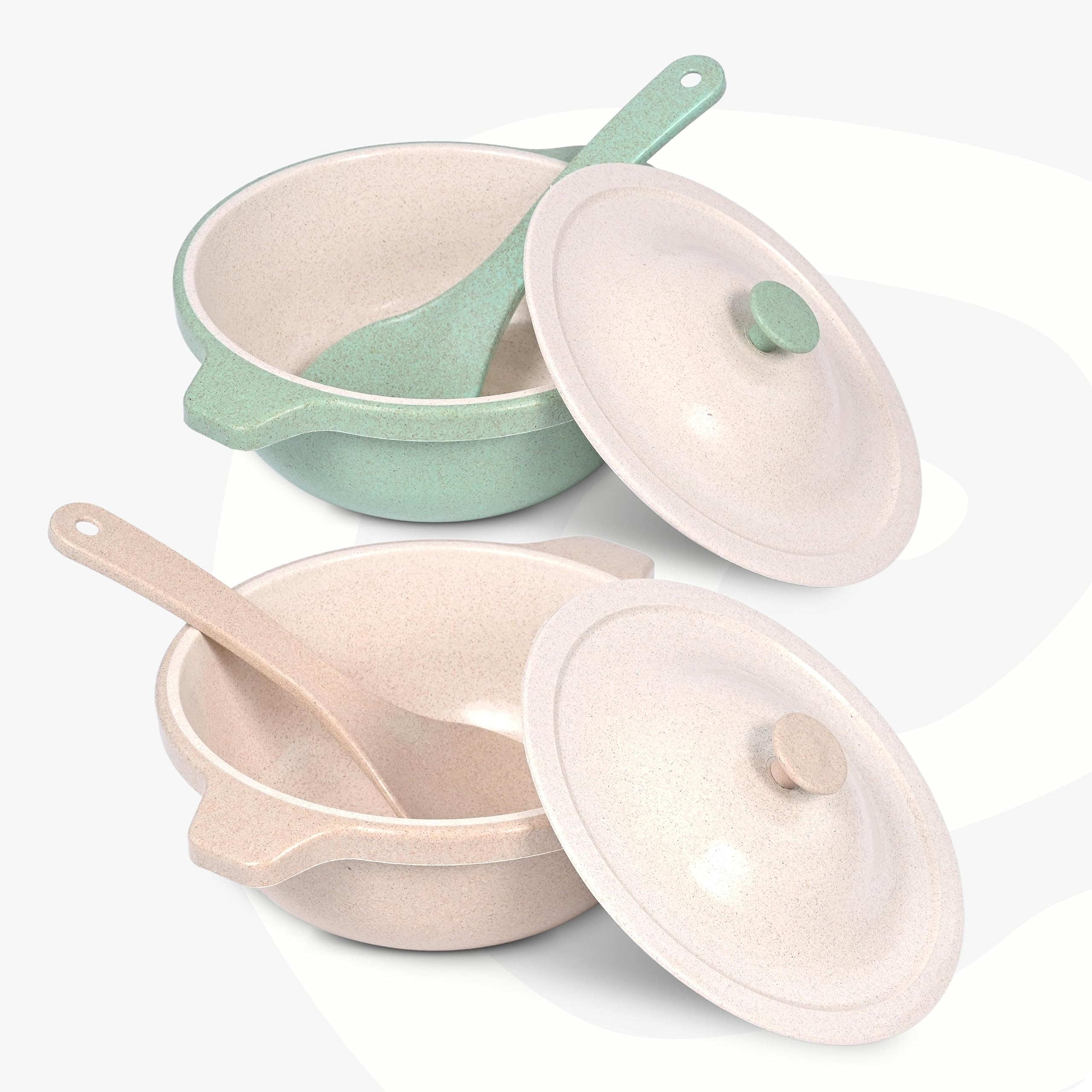 EhaEarth Friendly Serving Bowls with Lid | Microwave Safe | Made with Rice Husk and Bamboo Fibers | 1250 ml Each | Set of 2 | Sand-Celeste| Green Beige