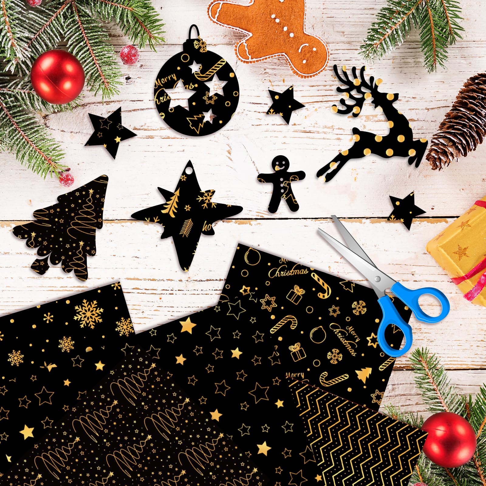 MIAHART 90 Sheets Merry Christmas Pattern Paper Set 10 Designs A5 Size Festival Decorative Craft Paper for Card Making Scrapbook (Black & Gold - Image 4