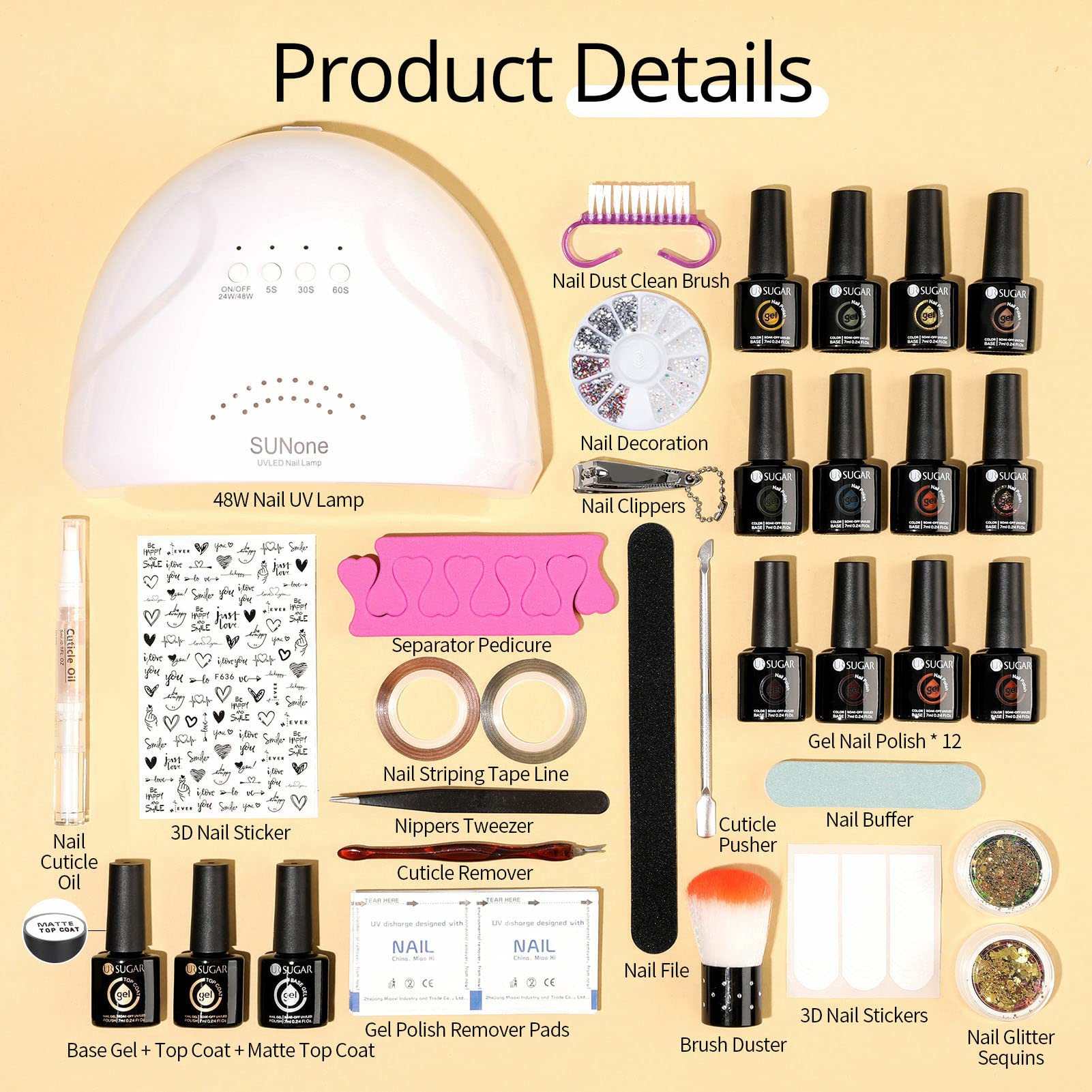 UR SUGAR Set Starterset mit Lampe 48W, 12 Farben UV Nagellack Herbst Braun Gelnägel Starterset mit Base und Top Matte Coat Gel Nagellack Nagelstudio Maniküre Geschenkset