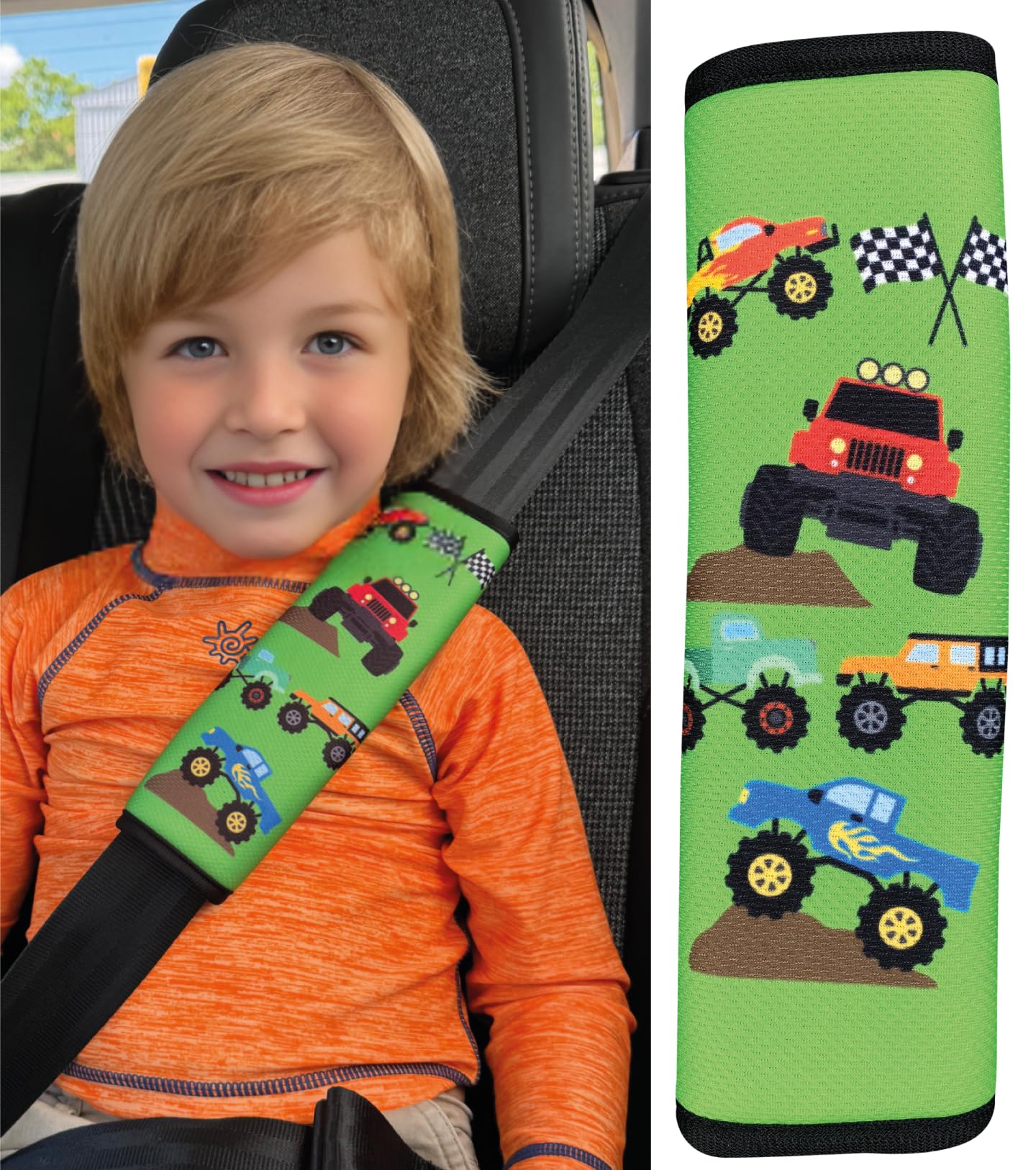 HECKBO 1x Kinder Auto Gurtpolster Gurtschutz mit Monster Truck Motiv - Sicherheitsgurt Polster für Kinder und Babys- Ideal für jeden Gurt Autositzerhöhungen Kinder Fahrradanhänger Flugzeug Jungen