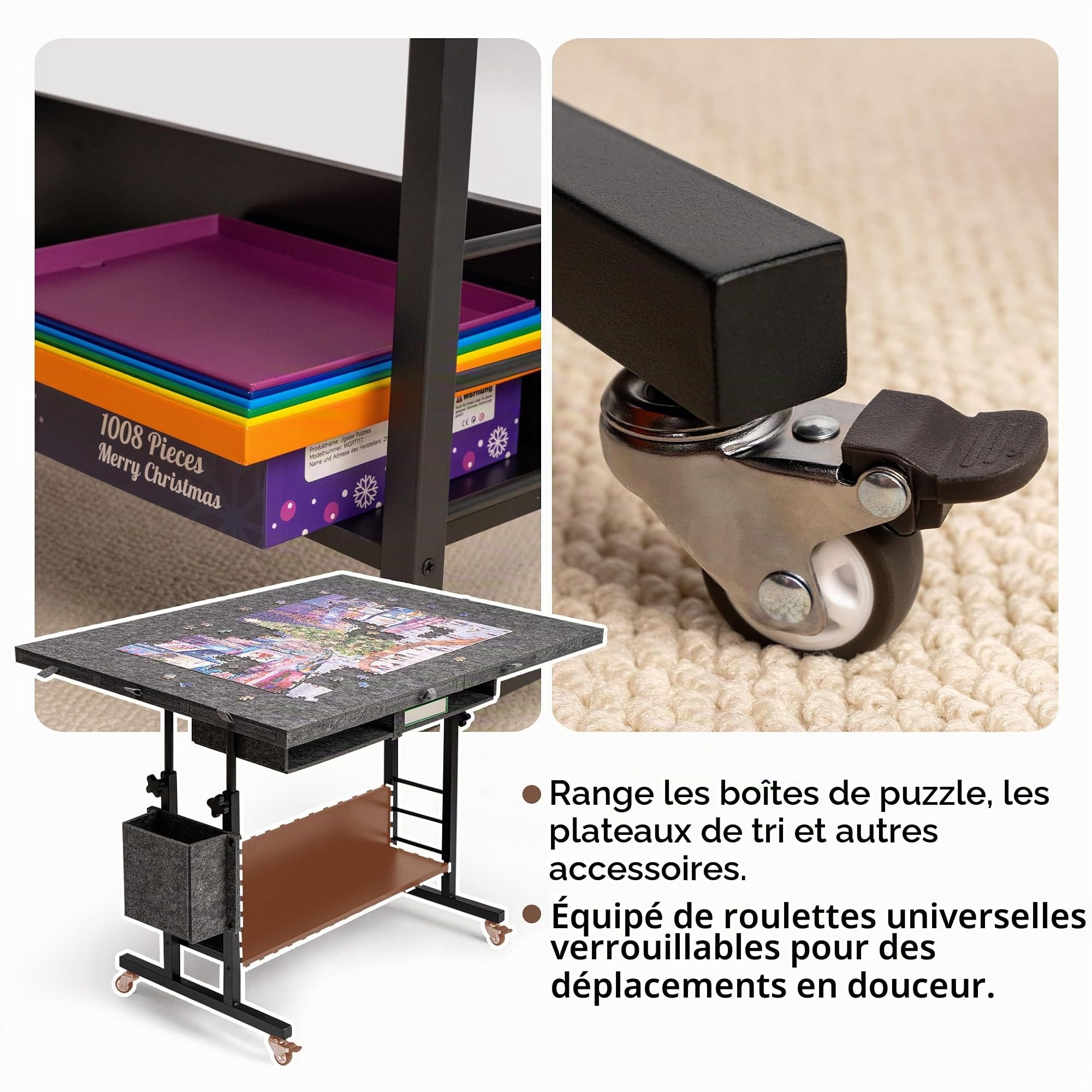 Tektalk Table de Puzzle Pliable en Feutre de 2000 pièces avec réglage de la Hauteur, Planche de Puzzle pour Adultes avec 2 couvertures et 8 Plateaux de tri/tiroirs, chevalet avec Pieds, fermée avec 4