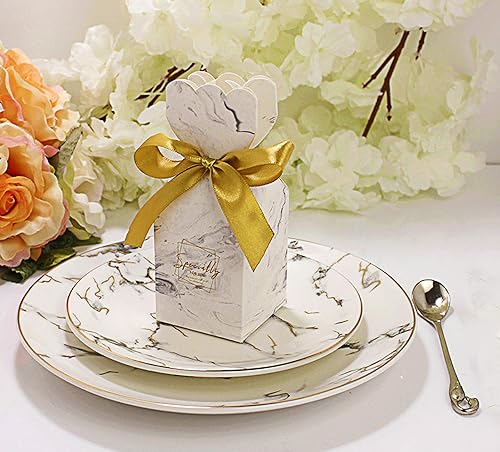 Miniatura 6 de Lontenrea 50 cajas de dulces para boda, fiesta de cumpleaños, caja de regalo con 50 cintas doradas para decoración