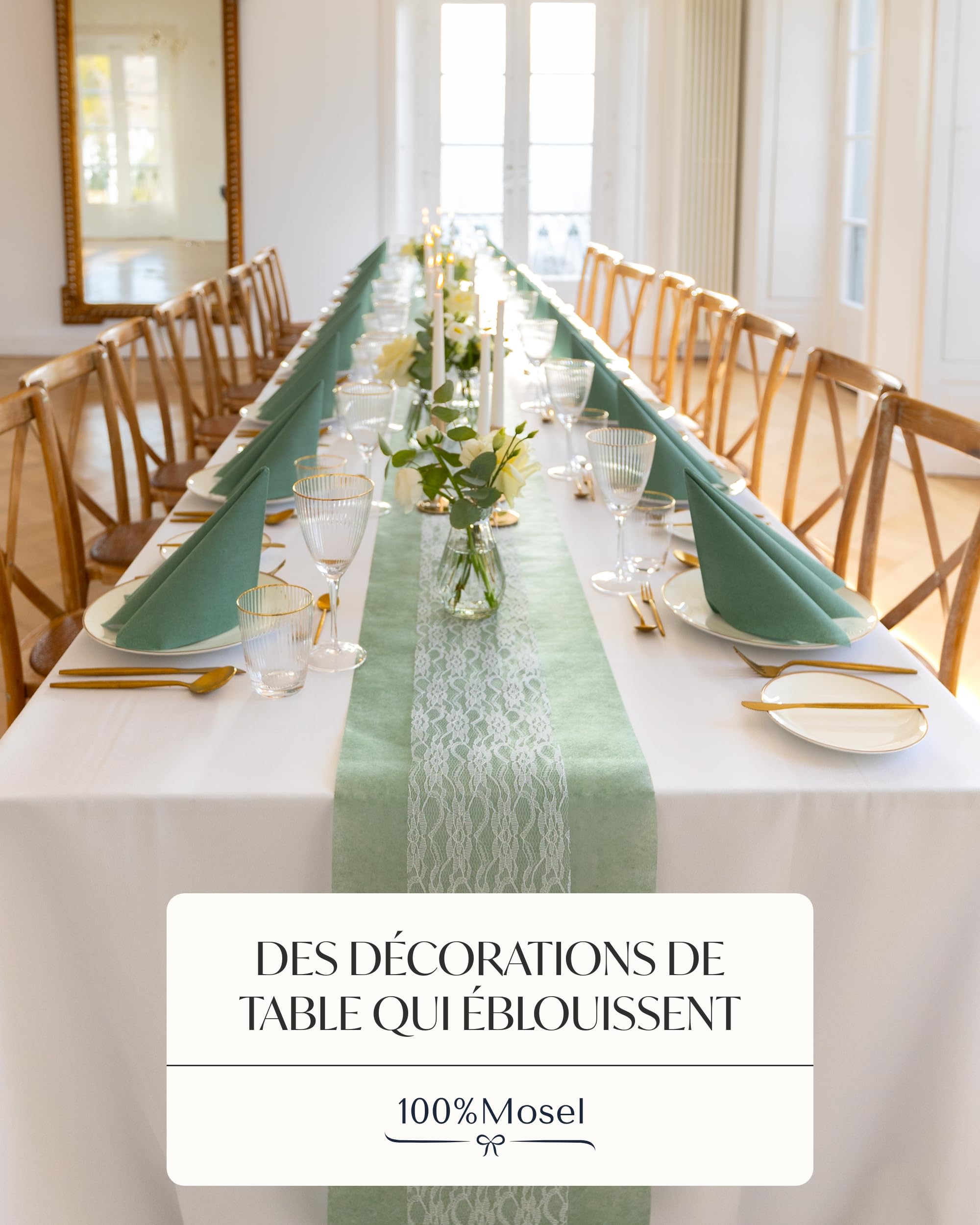 100%Mosel Serviettes en airlaid, 50 Pièces (40 x 40 cm), en Vert Eucalyptus | Aspect tissu – Déco de table premium pour mariage, communion, baptême & anniversaire
