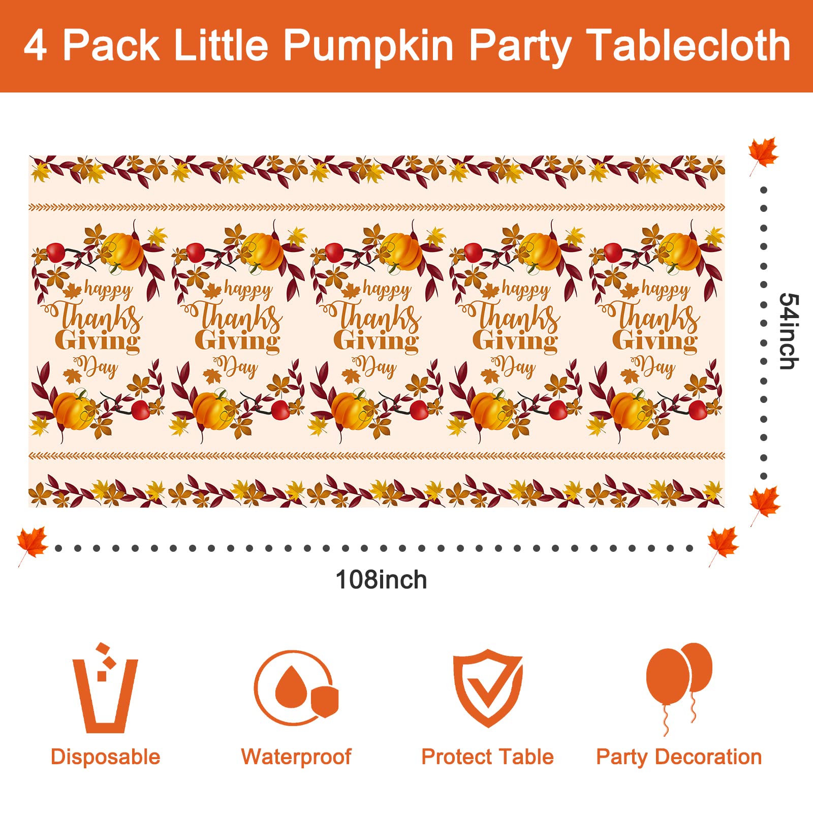 Thanksgiving Tablecloth 2-Pack - 51x86" Waterproof Plastic Turkey Pumpkin Table Cover