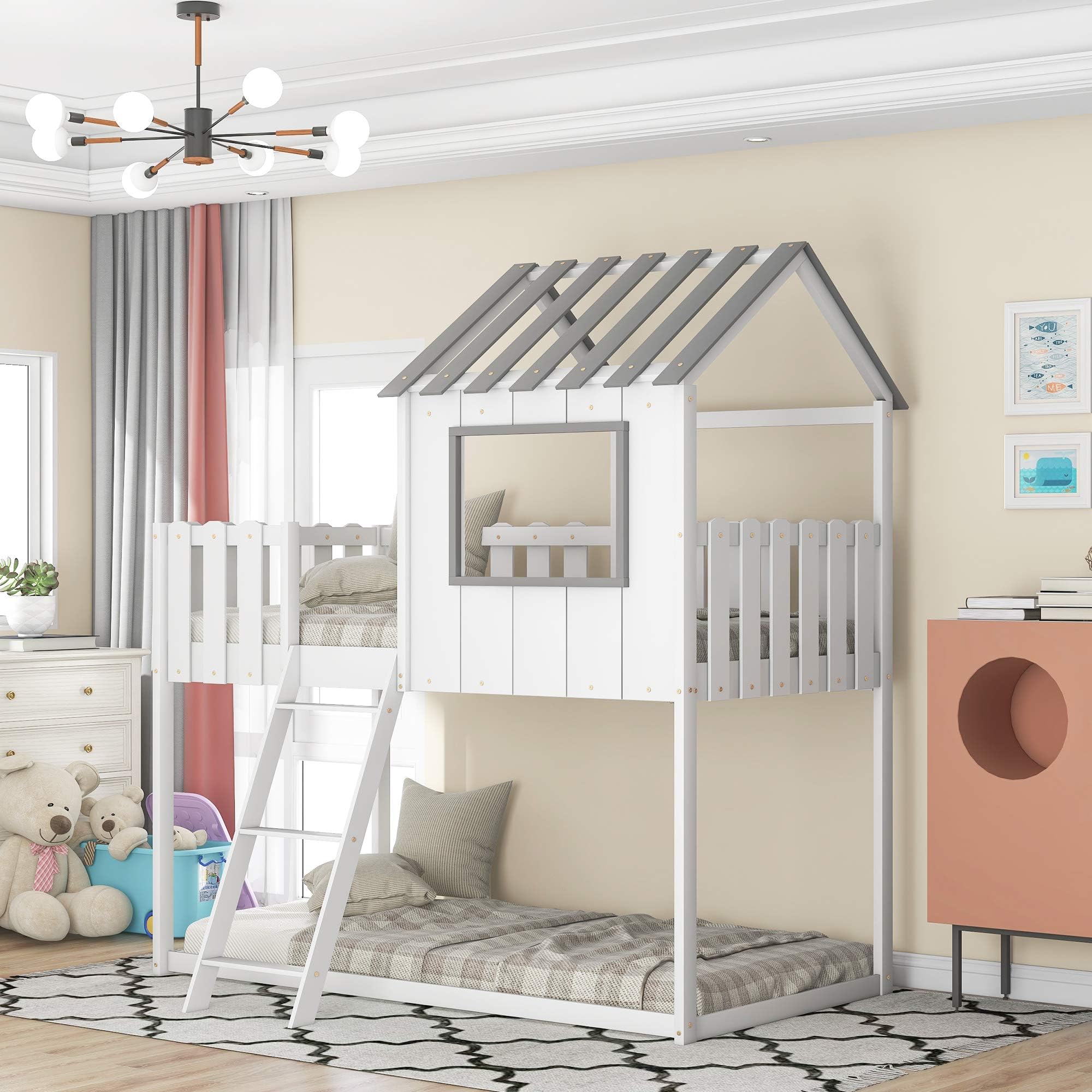 Wooden Bunk House Bed for Kids, Twin Over Twin Bunk Beds with Rustic Fence-Shaped Guardrail/Ladder/Window/Roof for Teens Boys & Girls Bedroom (White+Bunk House Bed)