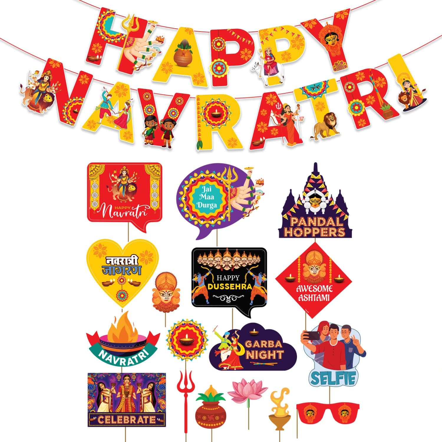 Party Around™ Happy Navratri Banner and Photo Booth Props for Navratri Festival Celebration.