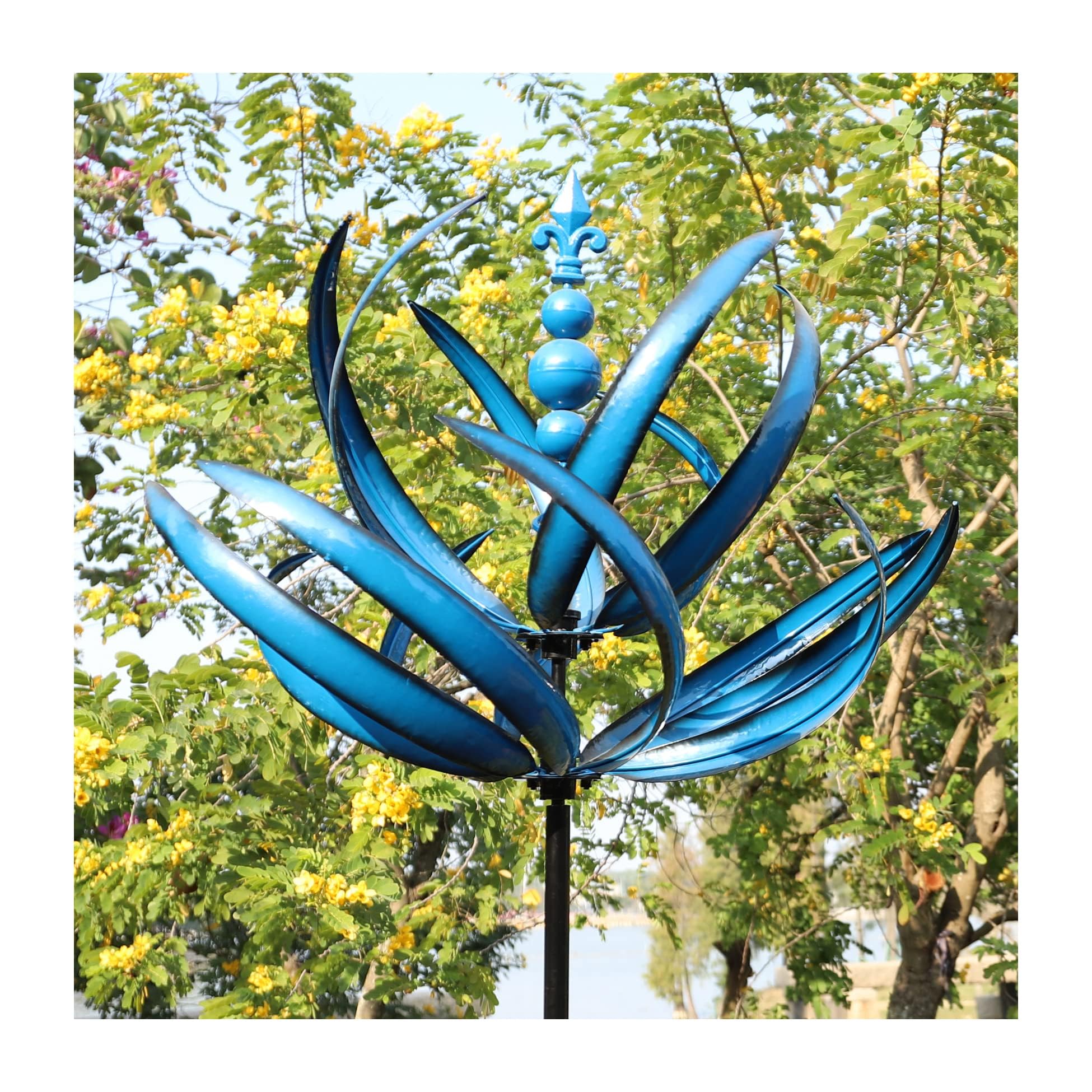 Wind Spinner Outdoor,Flower Metal Wind Sculptures with Stake, Vibrant Spinning Iron Windmill Stake for Garden Decor, 30x30x90cm (Blue)