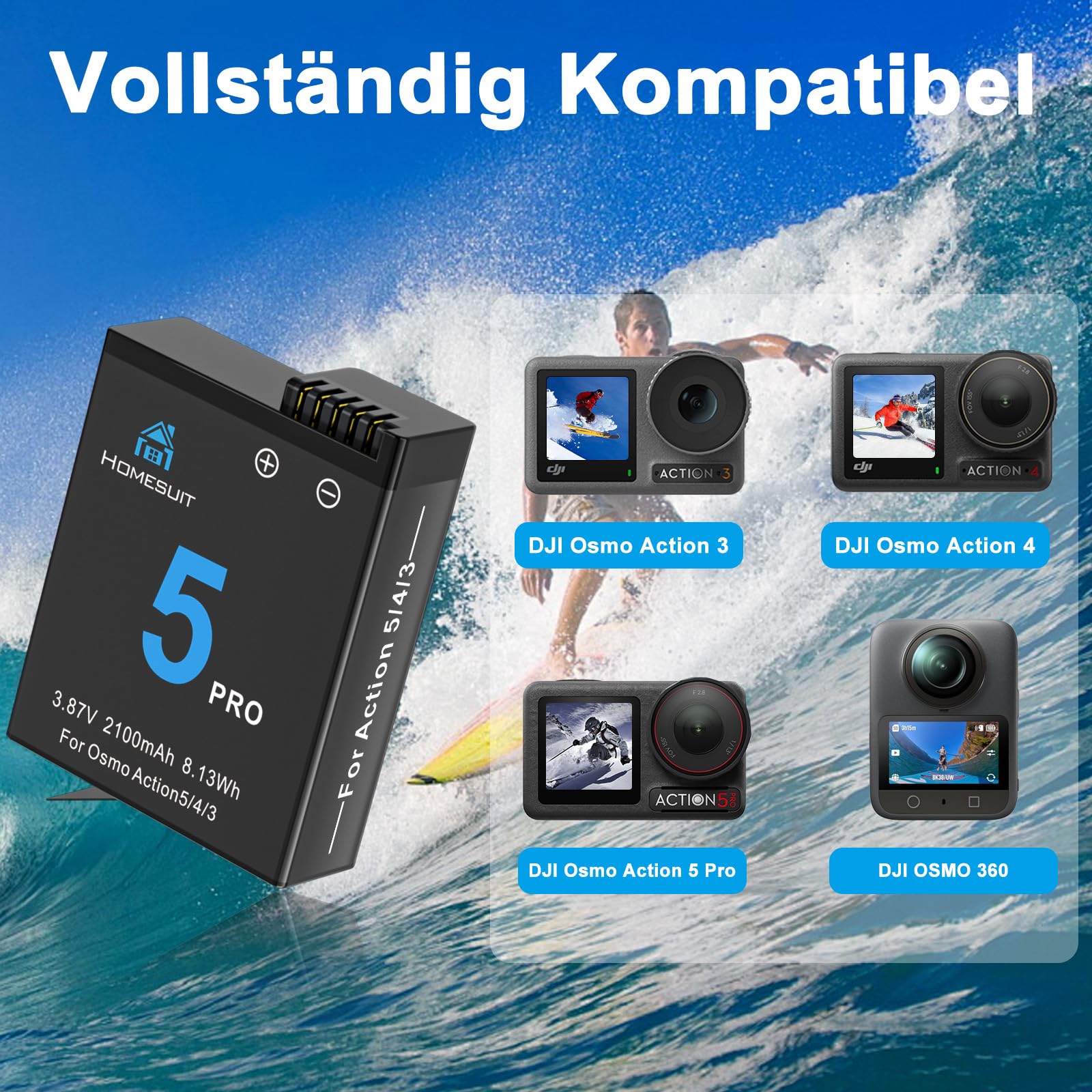 Homesuit Osmo Action 6 5 Pro 4 3 Akku 2100mAh und Dual USB LED Ladegerät Kit für DJI OSMO 360, OsmoAction6, OsmoAction5Pro, OsmoAction4, OsmoAction3 (2er-Pack)