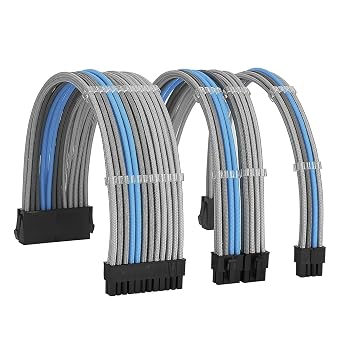Formulamod PSU Cable Extension Kit 18AWG Sleeved, 24 Pin ATX + 8 Pin EPS + Dual 8 Pin PCI-E, Custom PC Cable Extensions with Combs for Clean Cable Management & Gaming PC Build Silver Grey Sky Blue