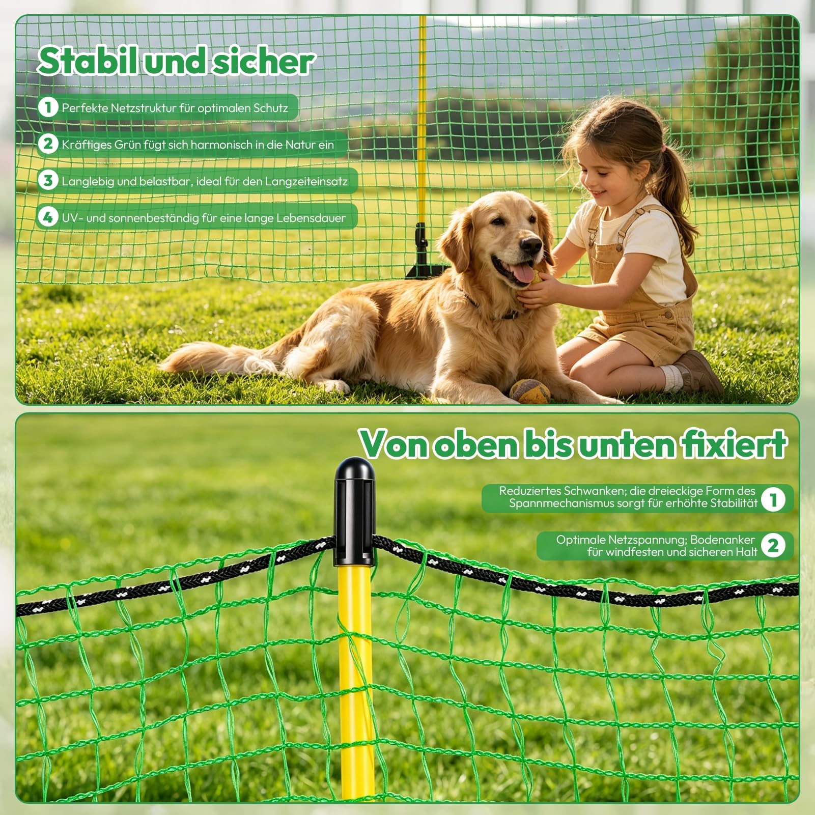 Filet à poule et clôture amovible en nylon vert – 90 cm x 20 m, 12 piquets – Grillage souple pour chien, poule, volaille et potager – Idéale pour le jardin, l'extérieur et le camping.