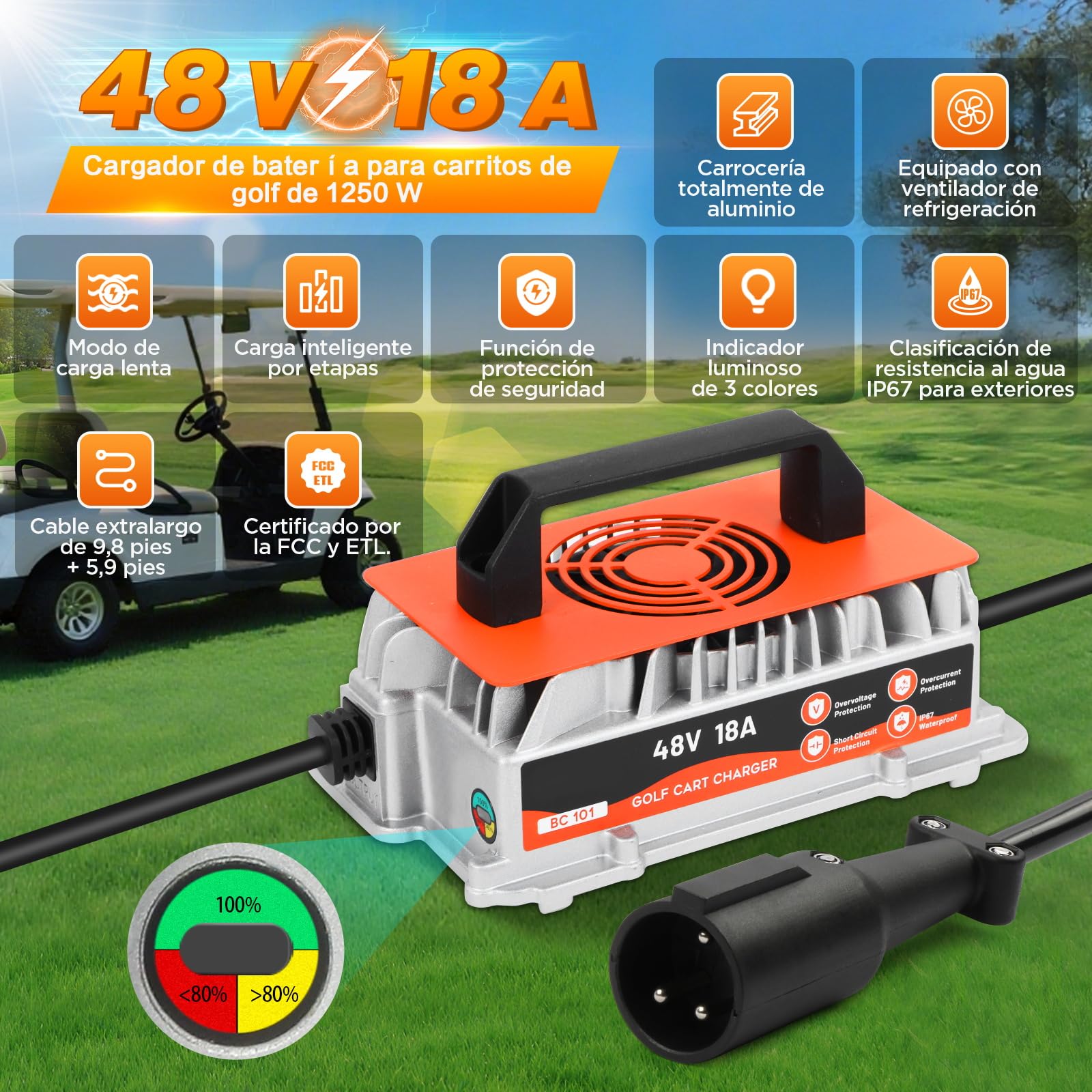 Cargador Inteligente 48V 18A para Carritos de Golf Club Car, Batería Plomo-ácido IP67
