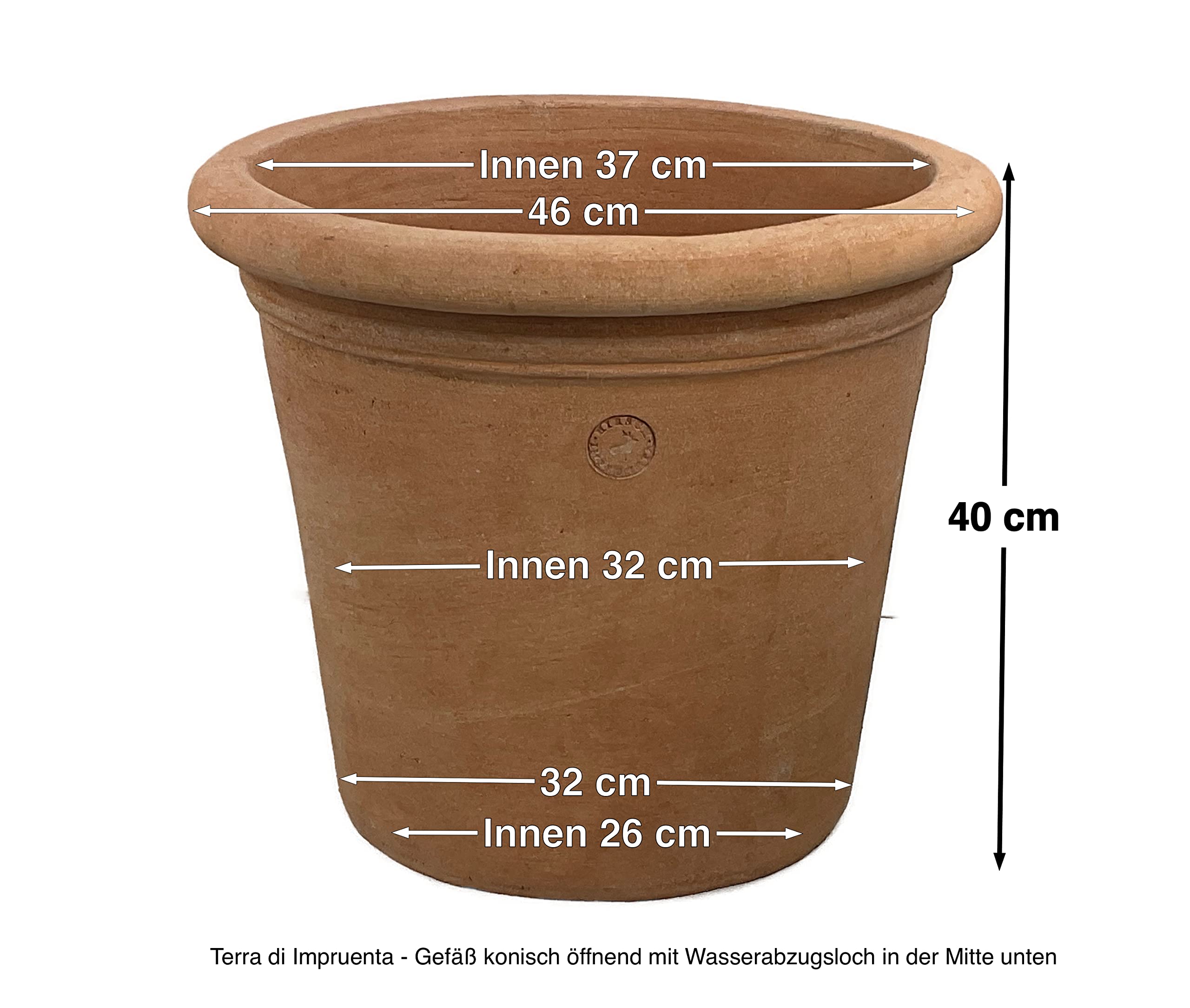 Hirsch Terracotta Vaso ohne Dekoration Ø 45 cm Terra di Impruneta Stabiler Blumentopf Übertopf mit sicherer Standfläche