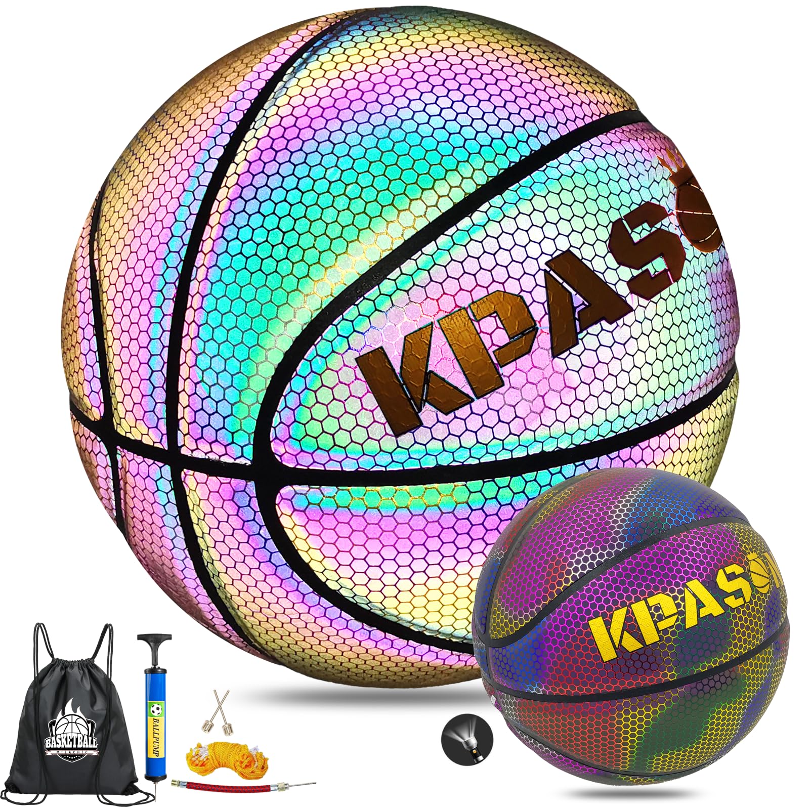 KPASON Holographic Basketball - Size 5 (27.5"), Size 6 (28.5"), Size 7 (29.5") Indoor/Outdoor Reflective Glowing Leather Basketball for Adults