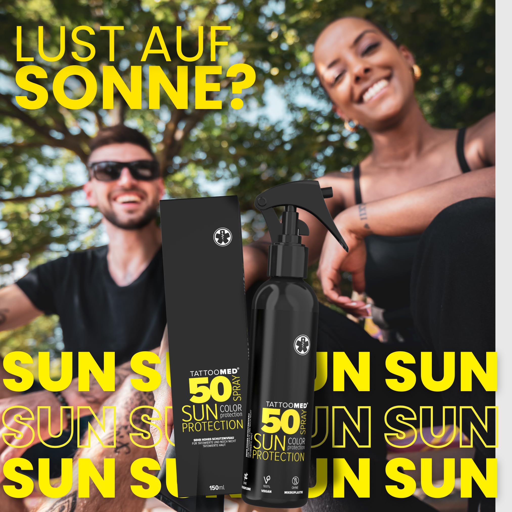 Tattoomed Sun Protection SPF 50 Spray – Protection solaire puissante spécialement conçu pour les peaux tatouées – Flacon vaporisateur (150 ml)