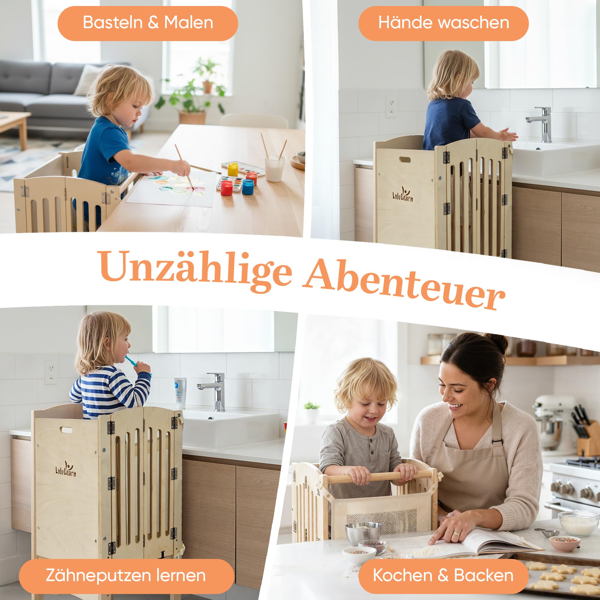 Lernturm ab 1 Jahr [FALTBAR] – Montessori Learning Tower, vormontiert, höhenverstellbar & extra sicher | Platzsparender Tritthocker für Küche & Alltag (Natural)