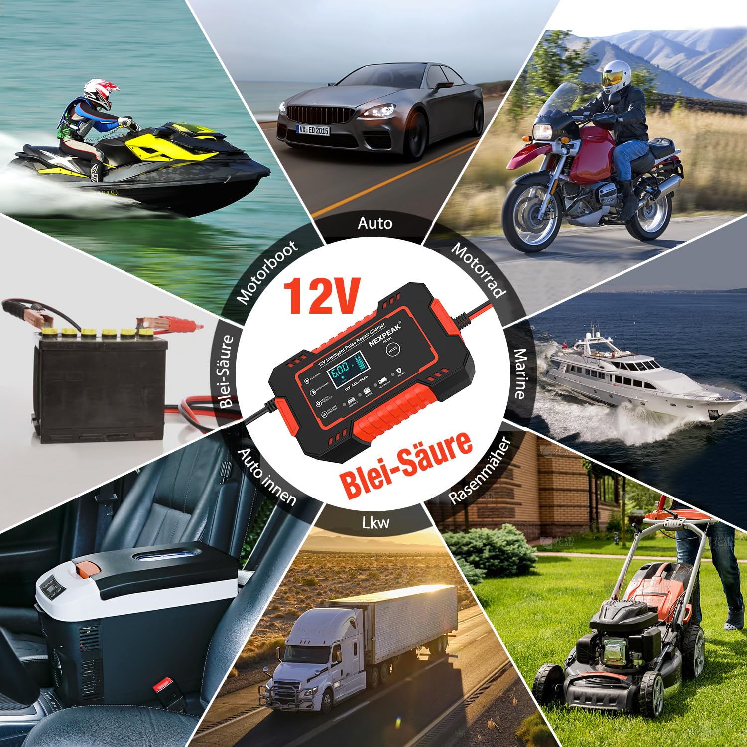 NEXPEAK 6 A Ladegerät für Autobatterie, 6 A, 12 V, intelligentes Ladegerät, Motorrad, automatische Reparaturfunktion, tragbar, Akku-Ladegeräte für Auto, Motorrad, LKW, AGM, Gel, Wet, SLA (rot)