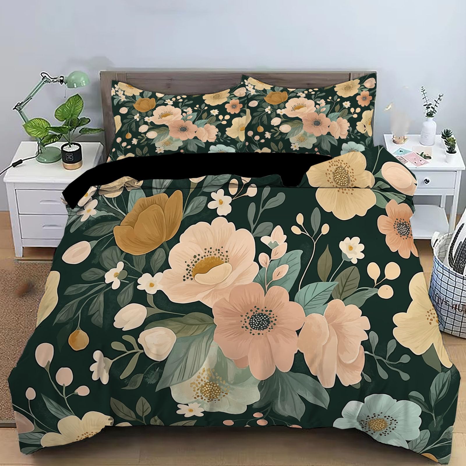 Parure de lit 3 pièces aquarelle médiévale rose noir douce avec taie