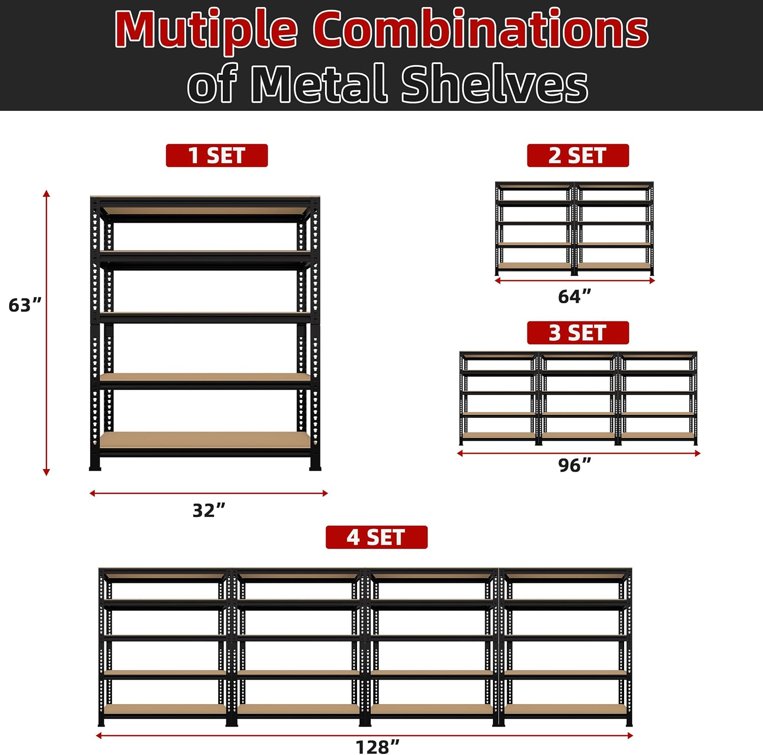 5 Tier Garage Storage Shelves - 32" W x 16" D x 63" H Adjustable Heavy Duty Metal Shelving Unit, Garage Shelving Utility Storage Rack for Basement, Pantry, Kitchen, Black, 2 PCS