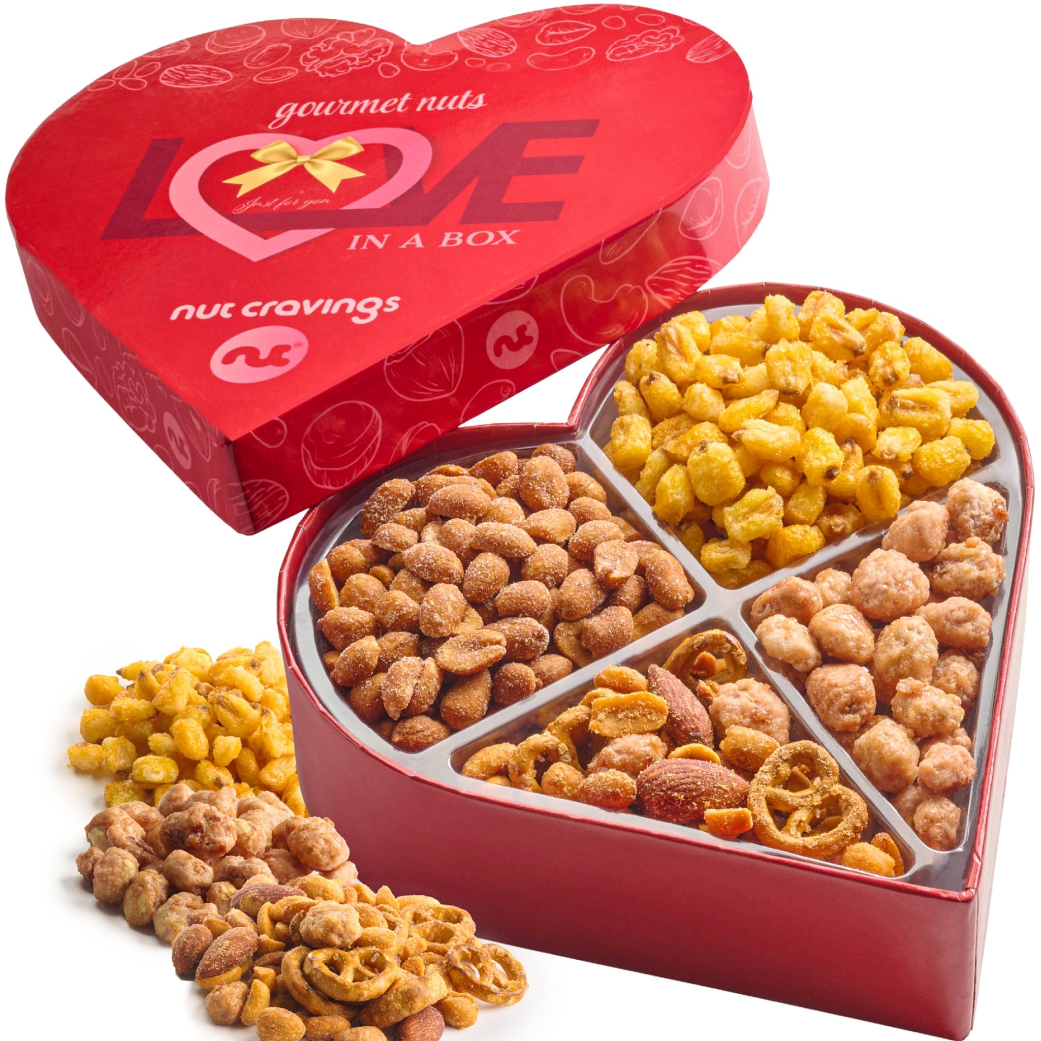 NUT CRAVINGS - Valentines Day Mixed Nuts Heart Shaped Gift Basket, Love in A Box (4 Assortments) Romantic Food Arrangement, Healthy Snack Care Package, Food Assortments