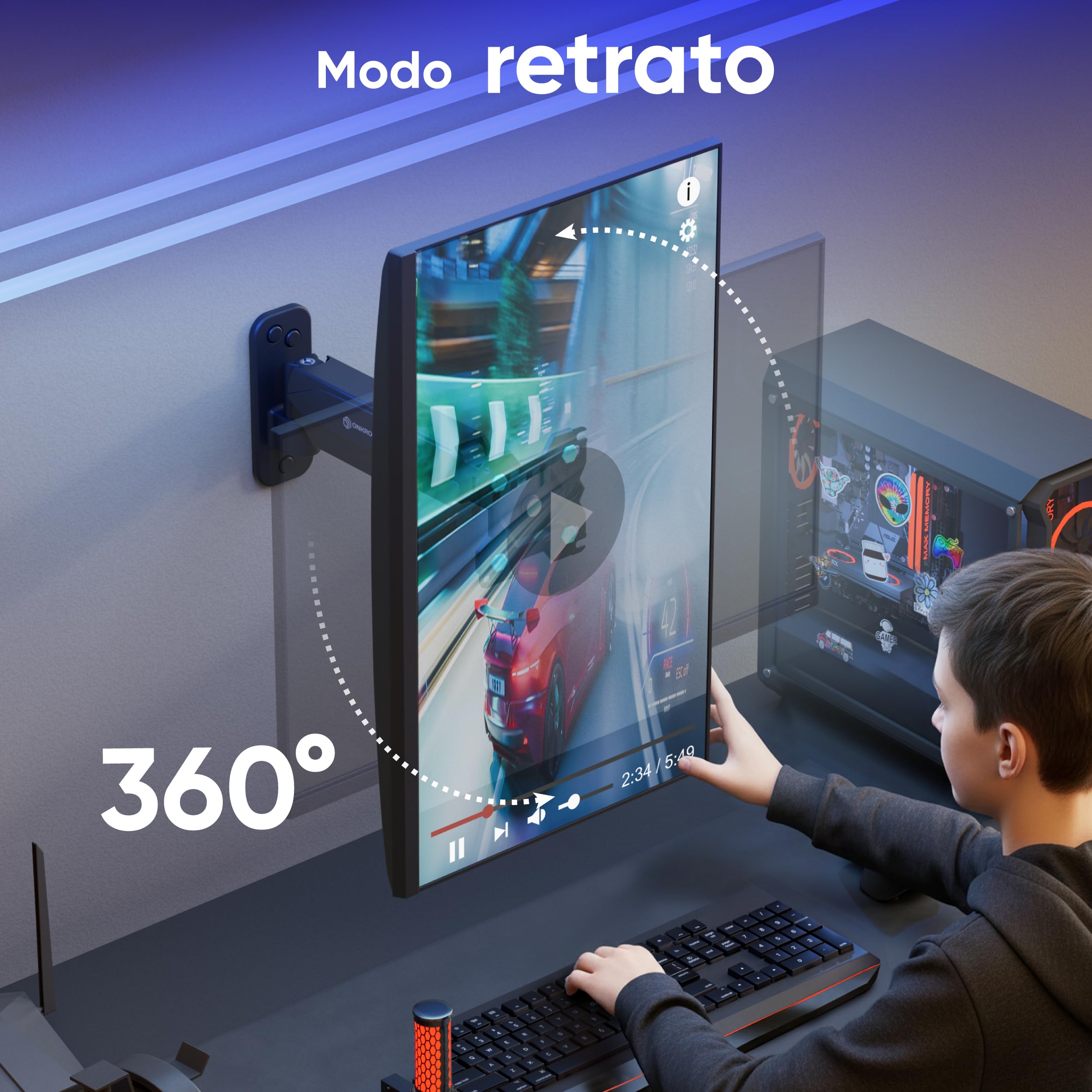 ONKRON Soporte TV y Monitor de Pared 13-34 Pulgadas, Brazo Monitor hasta 8 kg, VESA 75x75-100x100 mm, Soporte para Pantalla de Pared Articulado, Giratorio e Inclinable, Universal, Mural, Negro G120-B