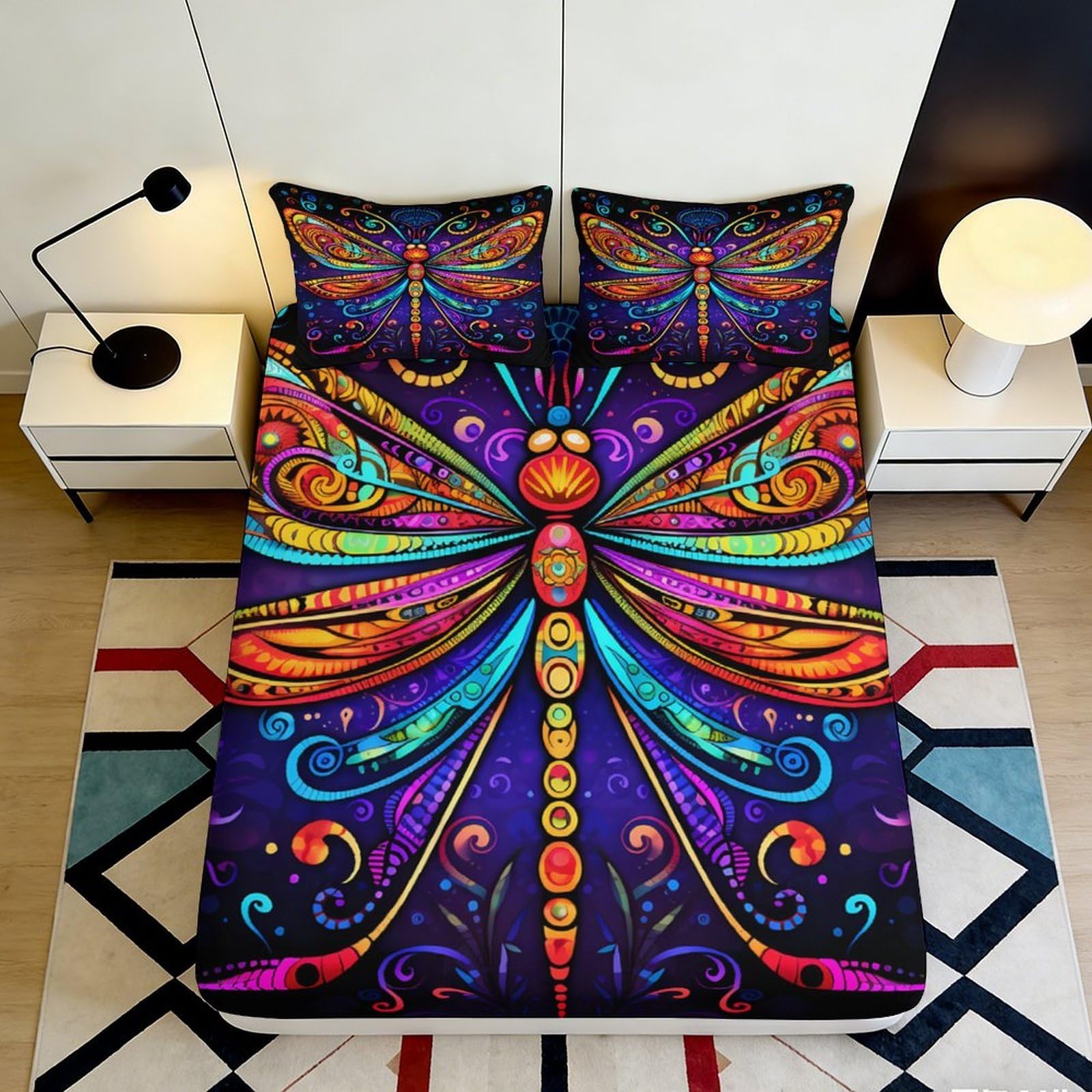 3D Printed Dragonfly Pattern Fitted Sheet Microfiber Soft Durable Colorful Bed Cover for Bedroom Dormitory Guest Room Mattress Protection 120x200x25cm