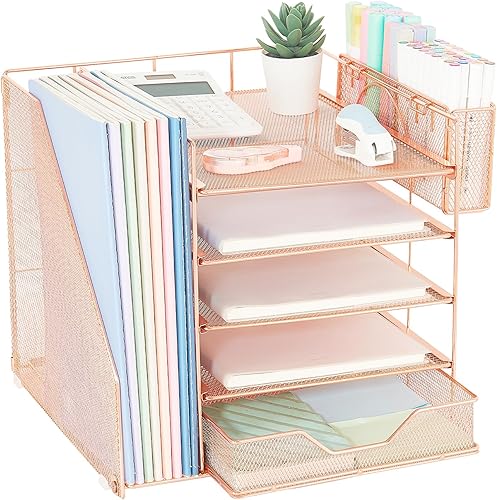 Organizadores de escritorio y accesorios, organizador de bandeja de papel de 5 niveles con cajón y soporte para bolígrafos, adecuado para