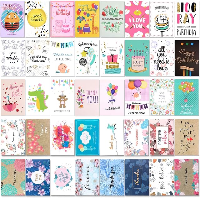 HOWAF 40 Assorted Greeting Cards Multipack for All Occasions, Eco Friendly Birthday Cards, Anniversary, Baby, Wedding, Thank You, Congratulations, Friendship, Sympathy, Encouragement, with Envelopes