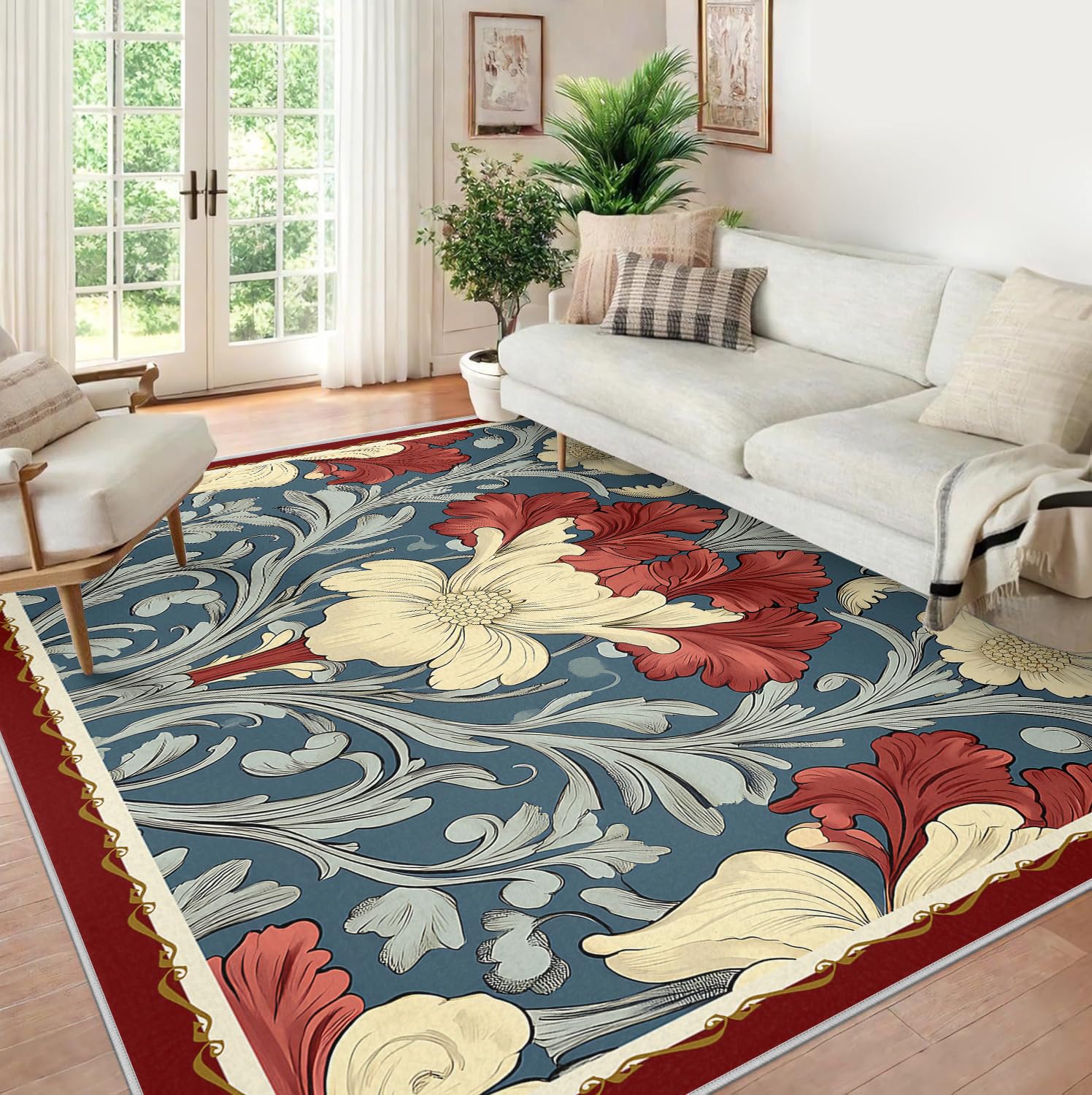 Tapis salon 180x240 cm bohème bleu lavable et antidérapant pour chambre
