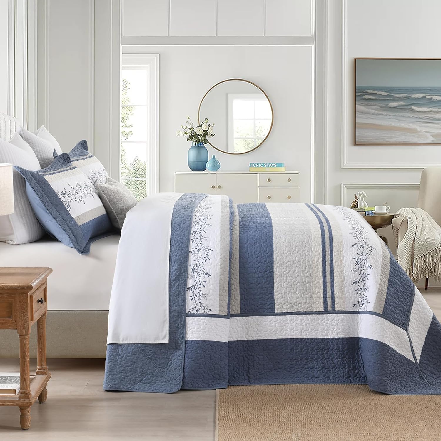 Quilta 100% Cotton Bedspread Oversized Queen Size - 102"x120" Blue Stripe Quilt Set with Botanical Pattern, Lightweight Comforter, Textured and Luxurious Farmhouse Coverlet Set, Blue/Cream/White