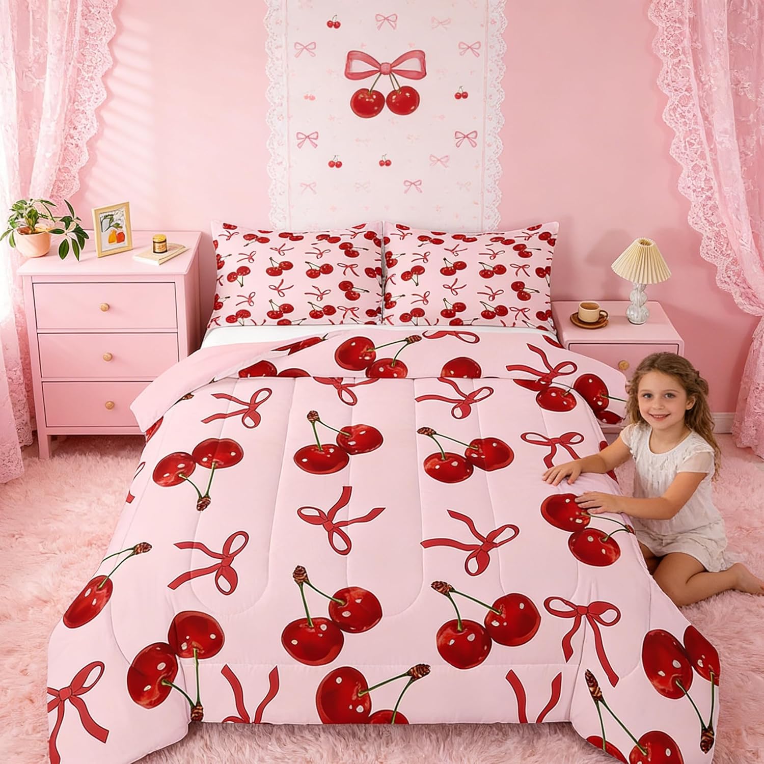 Feelyou Girls Pink Cherry Bow Bedding Set Full Size Cute Silk Ribbon Bowknot Comforter Princess Girly Bow Tie Comforter Set Soft Microfiber