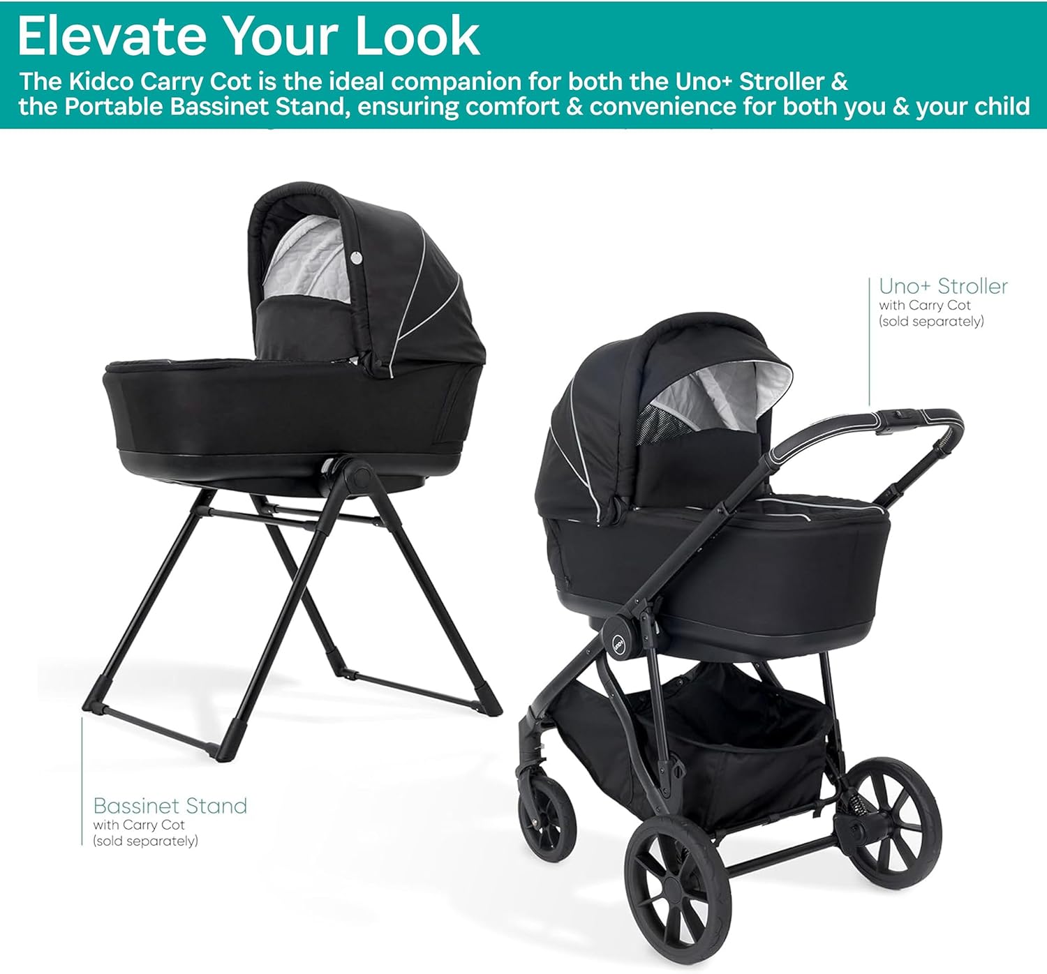 KidCo Uno+ Carry Cot, Portable Baby Bassinet for Newborns, Infants, & Toddlers, Travel Bed for Babies, Compatible with Uno+ Stroller - Khaki Twill