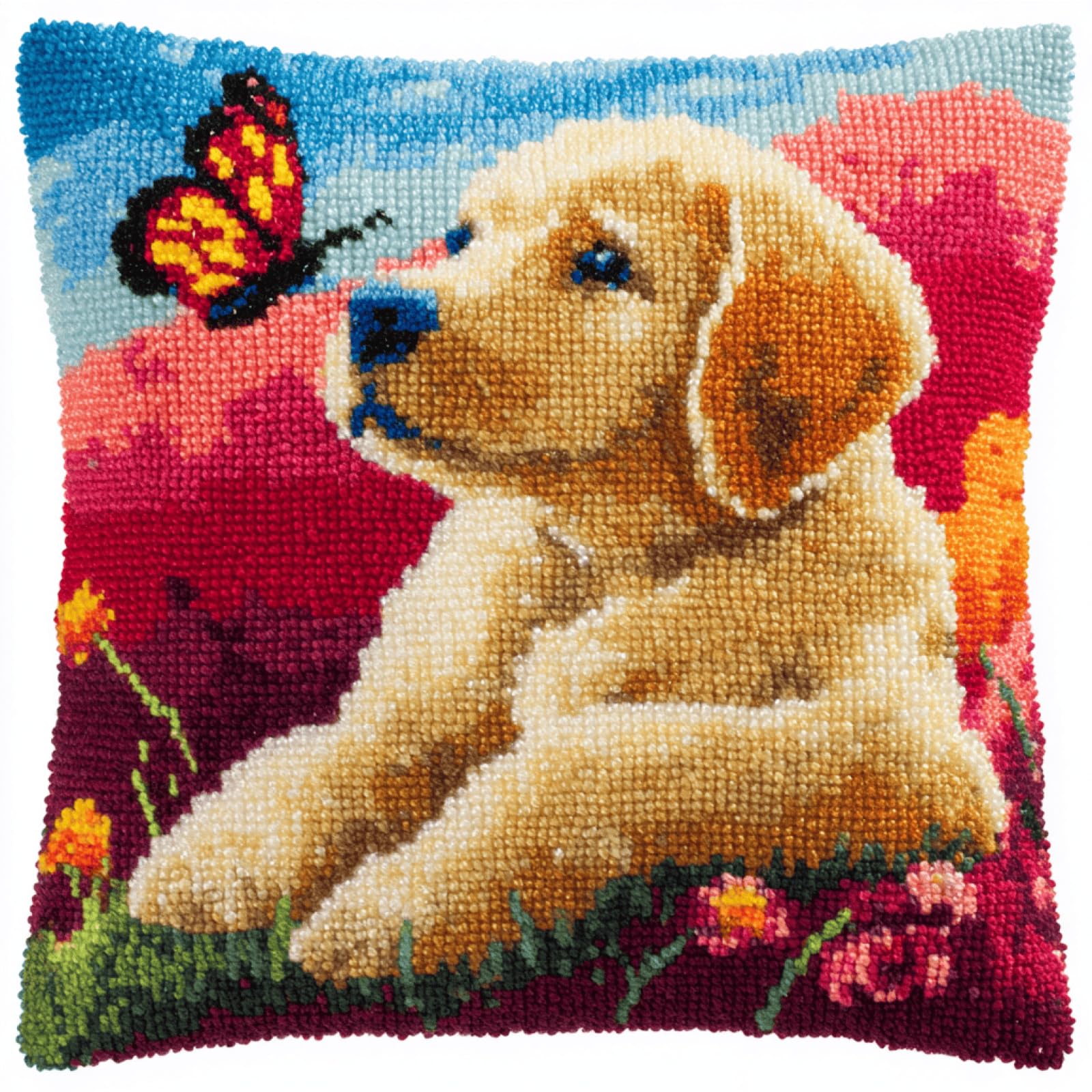 kitphoenix Pre-Printed Latch Hook Cushion Kit Puppy Butterfly