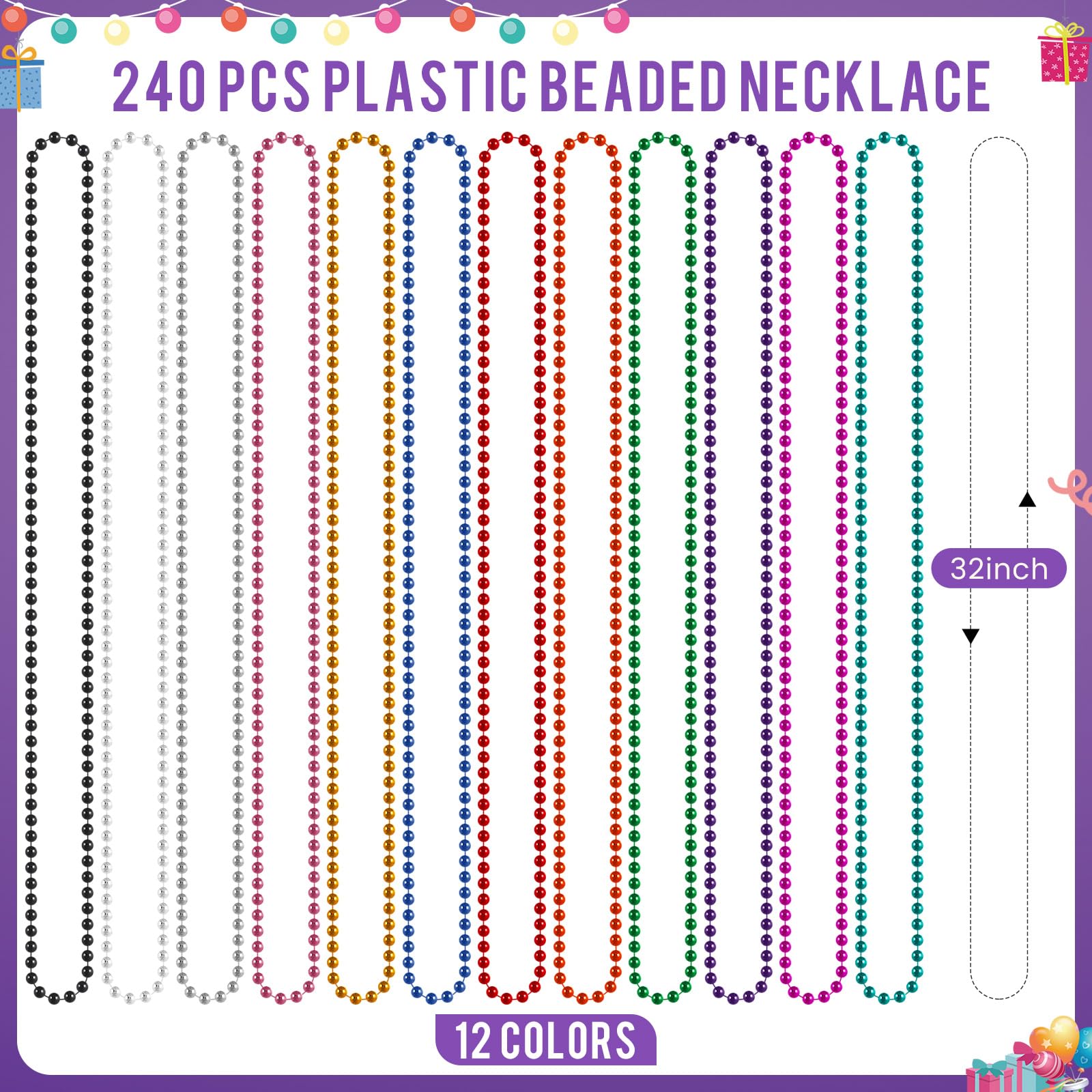 Ecally 240 Pcs Mardi Gras Beads Bulk 12 Vibrant Colors 6 mm 32
