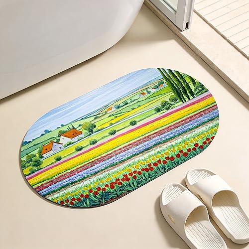 Diatomaceous Mud Bath Mat Colorful Tulip Farm Maple Trees Oval Soft Wrinkle Free