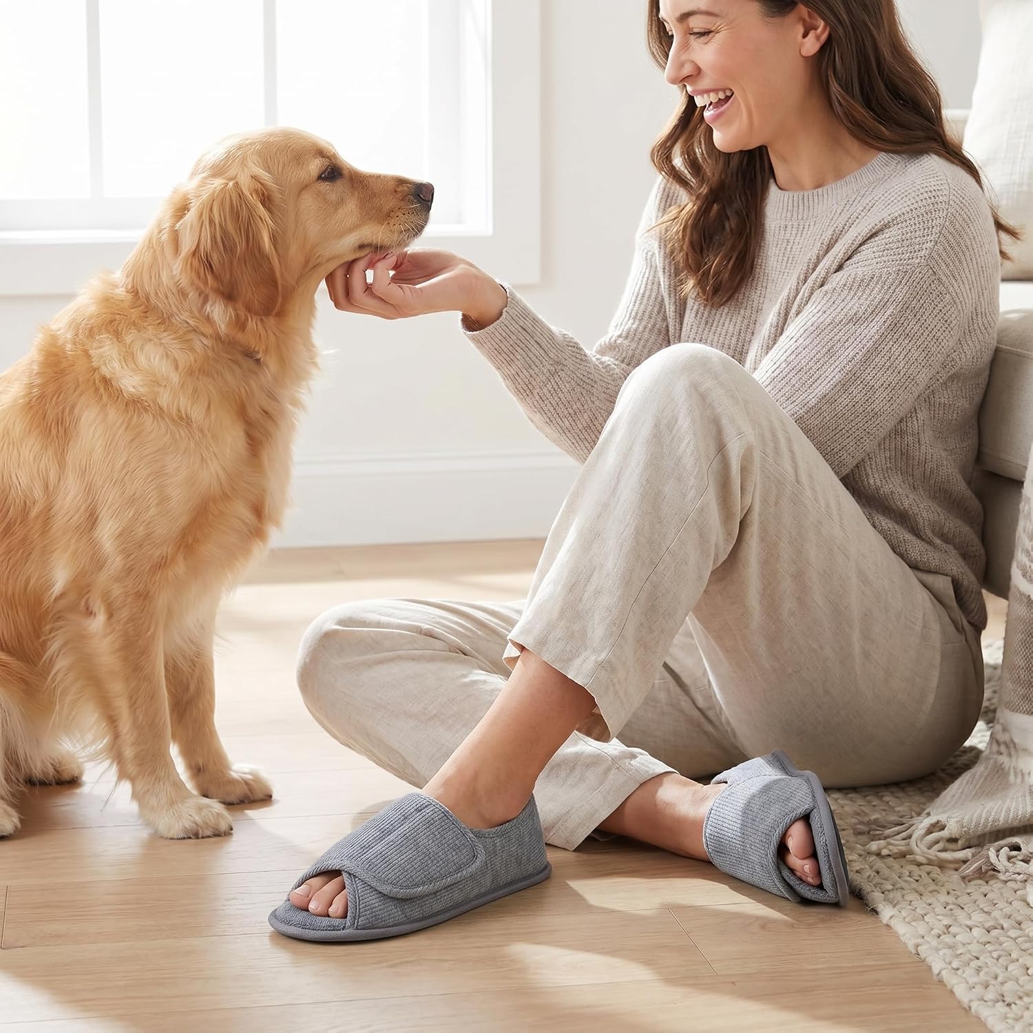 Open Toe Diabetic Slippers for Women, Adjustable Memory Foam Diabetic Shoes for Seniors Edema Arthritis Swollen Feet