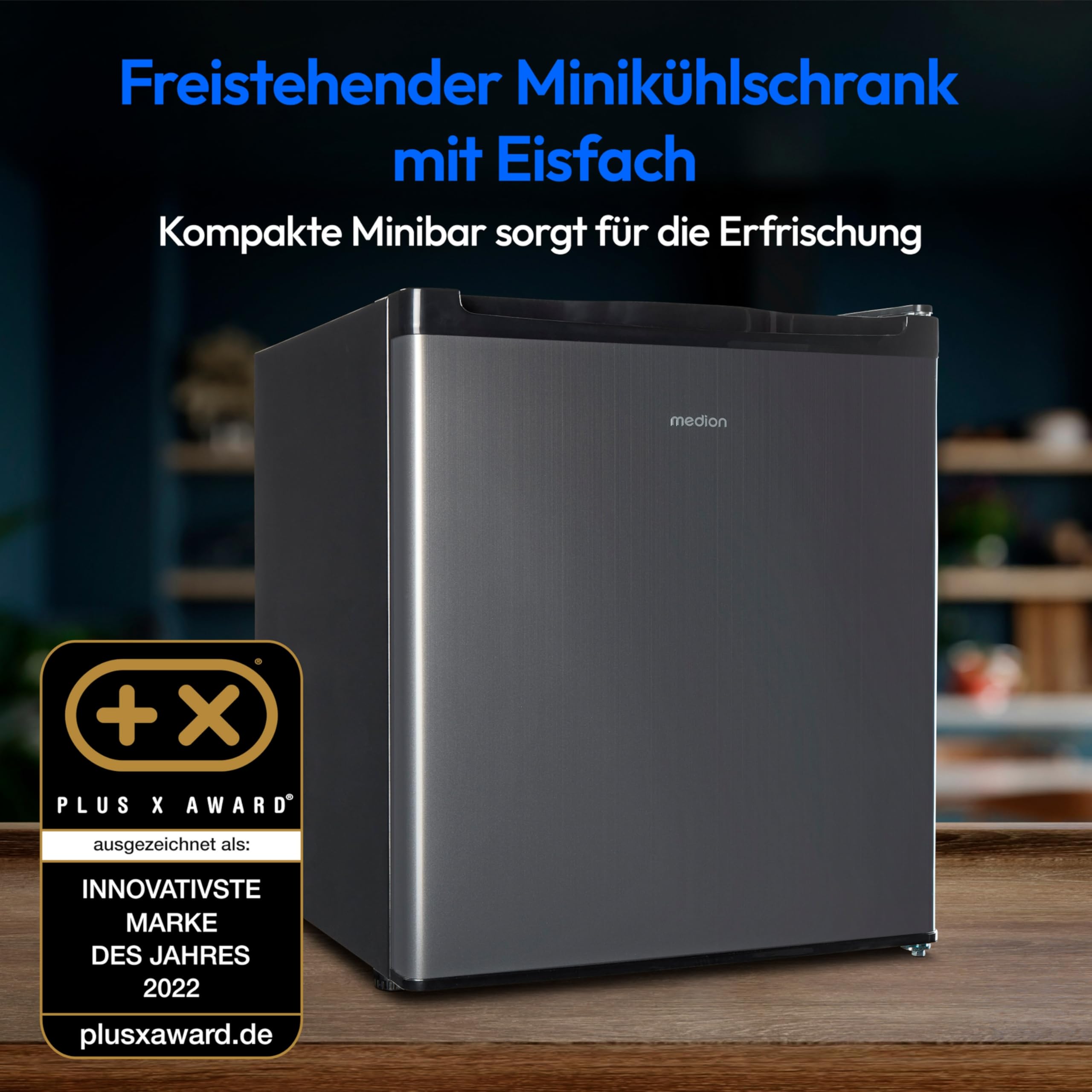 MEDION mini Kühlschrank mit Gefrierfach (klein, leise, 41L kleiner Kühlschrank für Büro Hotels Minibar Camping Gaming, Getränkekühlschrank, Speisen & Eis, Türanschlag wechselbar, MD37724) grau