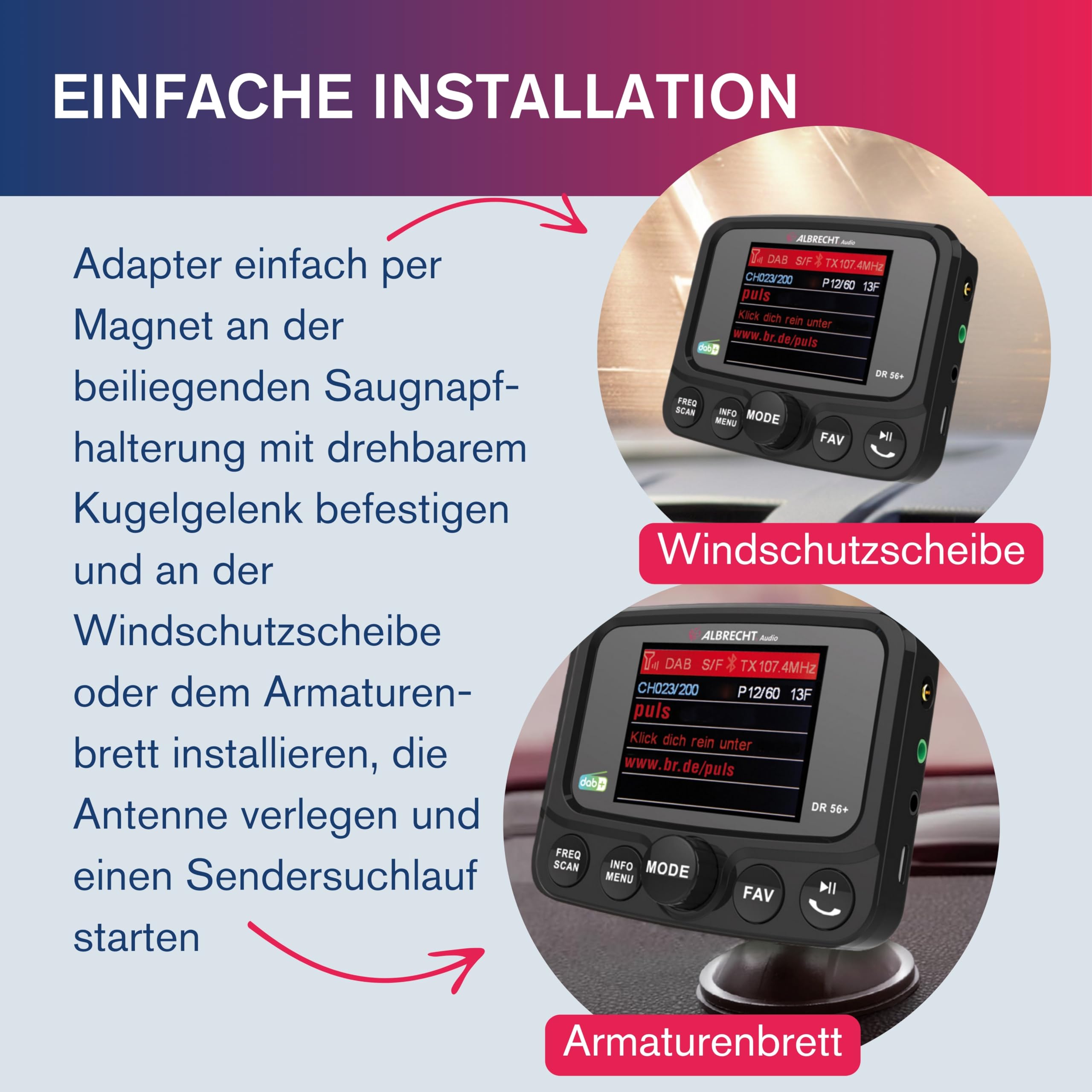 Albrecht DR 56+ DAB+ Adapter zum Aufrüsten von Auto-Radios mit TFT Display, 27256, mit FM-Transmitter für Musik-Streaming über das Handy, schwarz