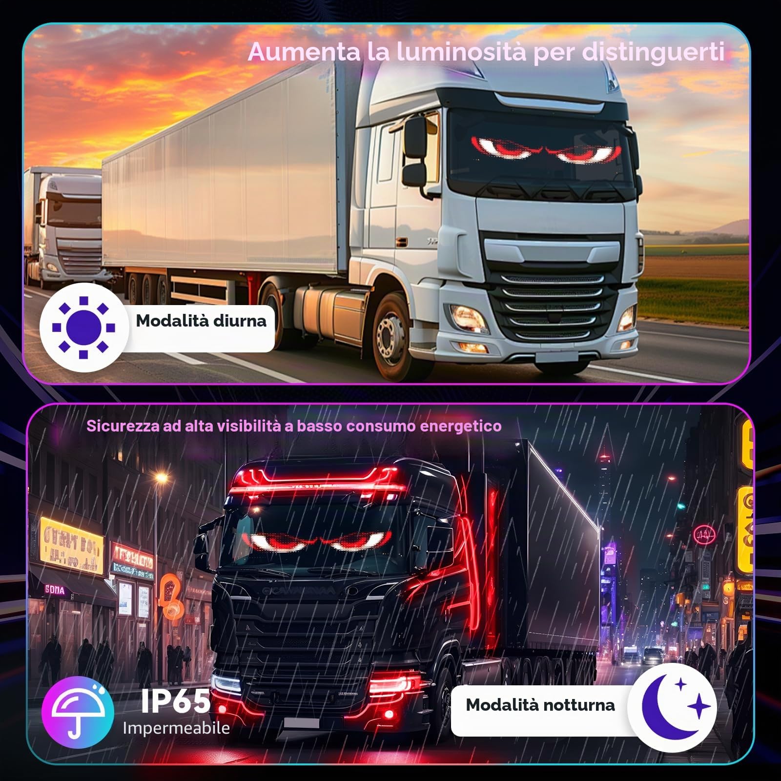 2 grandi occhi LED 120 x 595 mm per auto, occhi LED per camion, display fai da te, display morbido, programmabile, con LED, app, Bluetooth USB 5 V, aspirapolvere diavolo