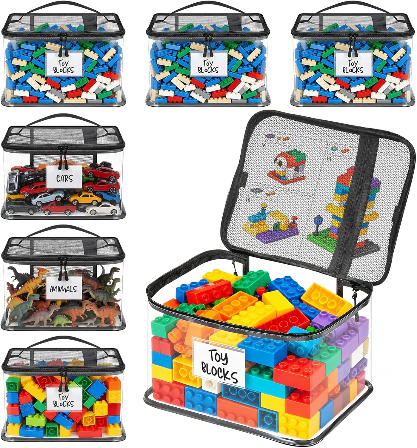 6 Pack Large Toy Storage Bags, Clear Toy Organizer with Labels, Waterproof PVC Toy Organization and Storage for Building Blocks, Puzzles, Dolls and Board Games, for Kids Ages 3+